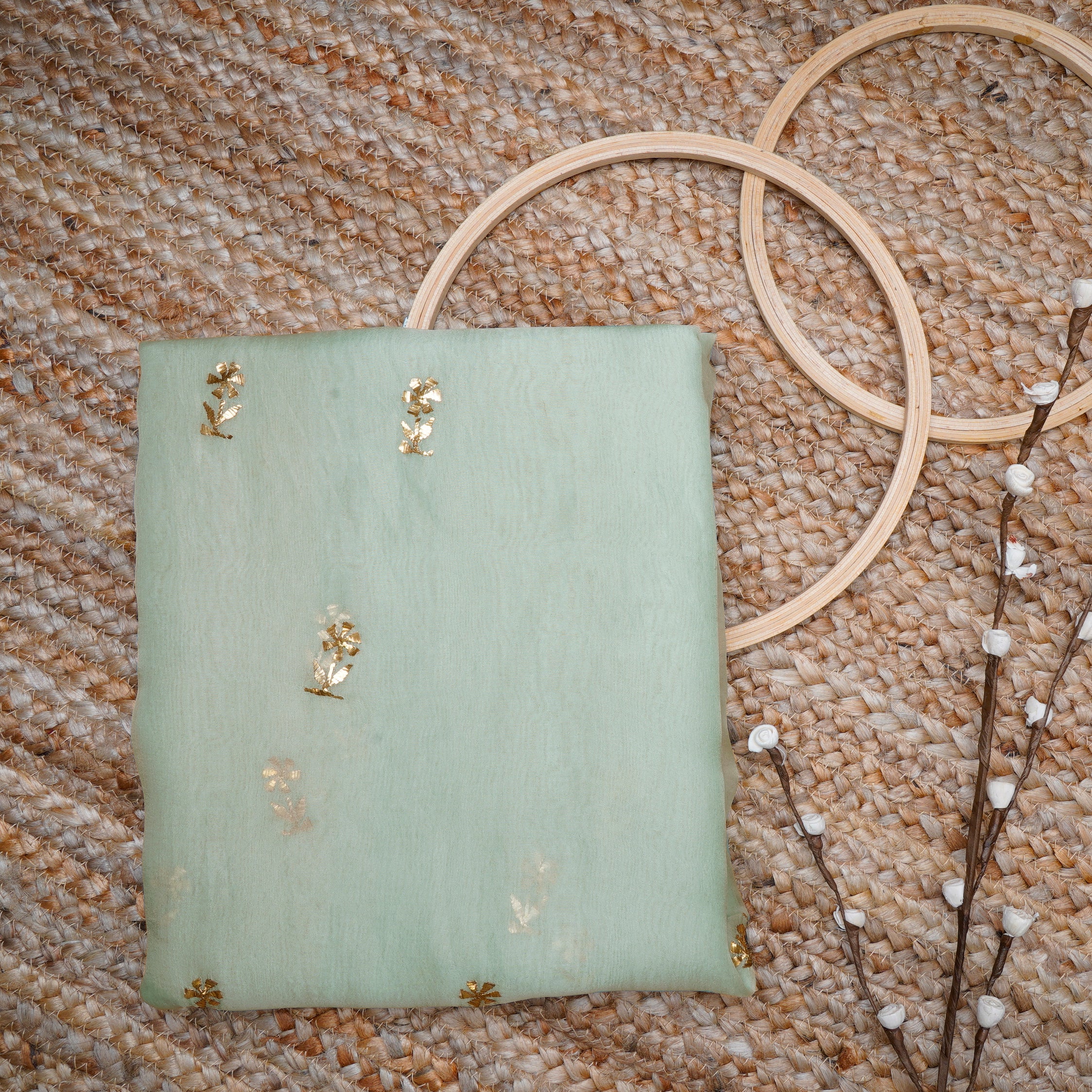 Mint Green Color Handcrafted Mukaish Work Pure Organza Silk Unstitched Kurta Piece