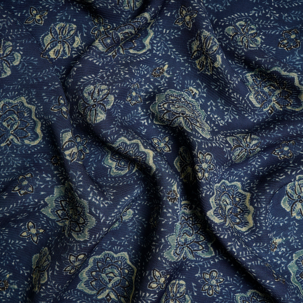 (Pre-Cut 3 Mtr) Blue Color Handcrafted Ajrak Printed Modal Dobby Fabric