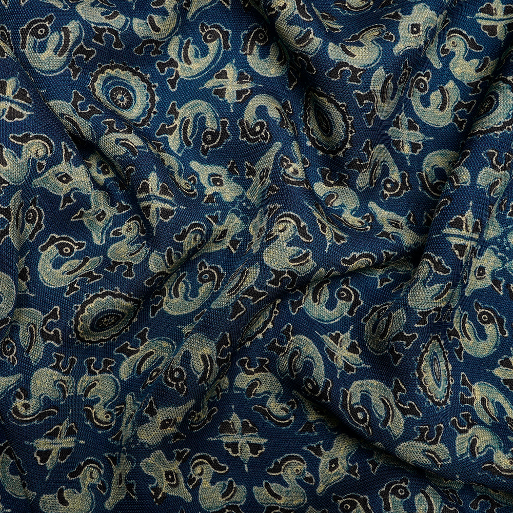 (Pre-Cut 3 Mtr) Blue Color Handcrafted Ajrak Printed Modal Dobby Fabric