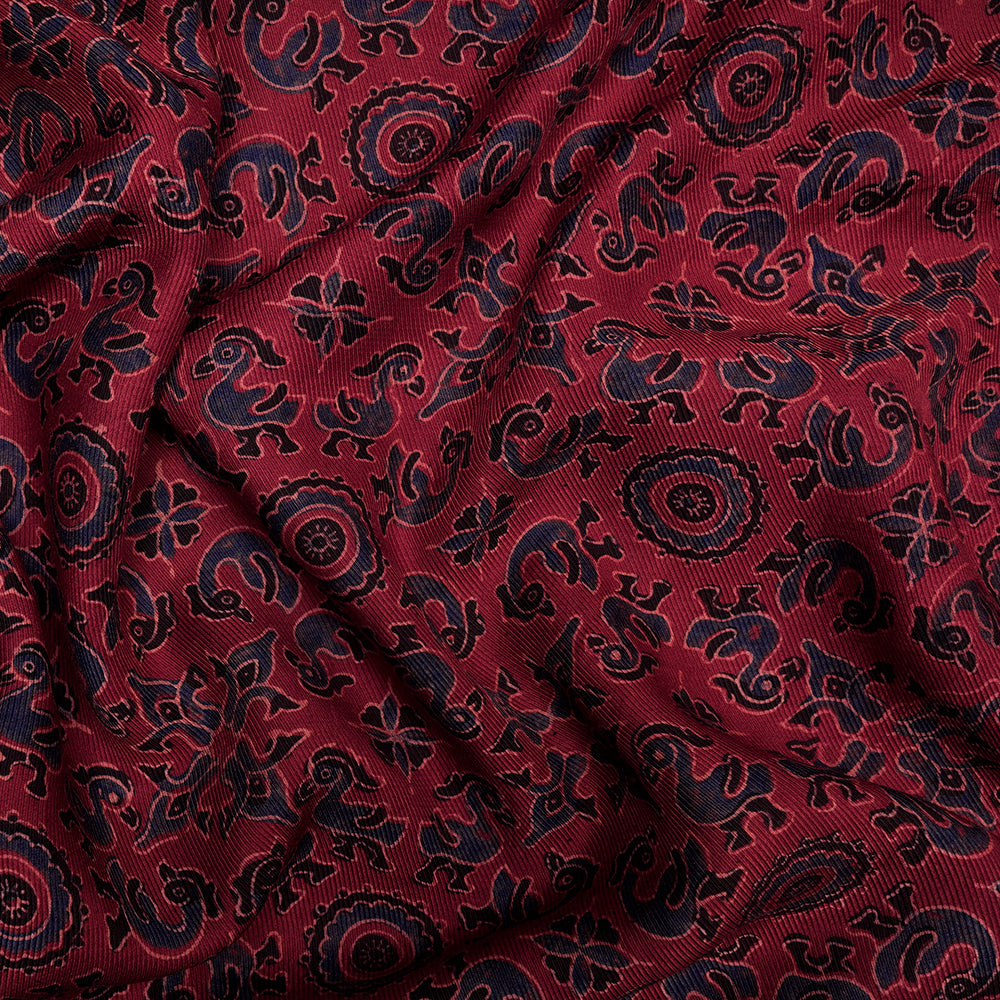 (Pre-Cut 3 Mtr) Maroon Color Handcrafted Ajrak Printed Modal Dobby Fabric