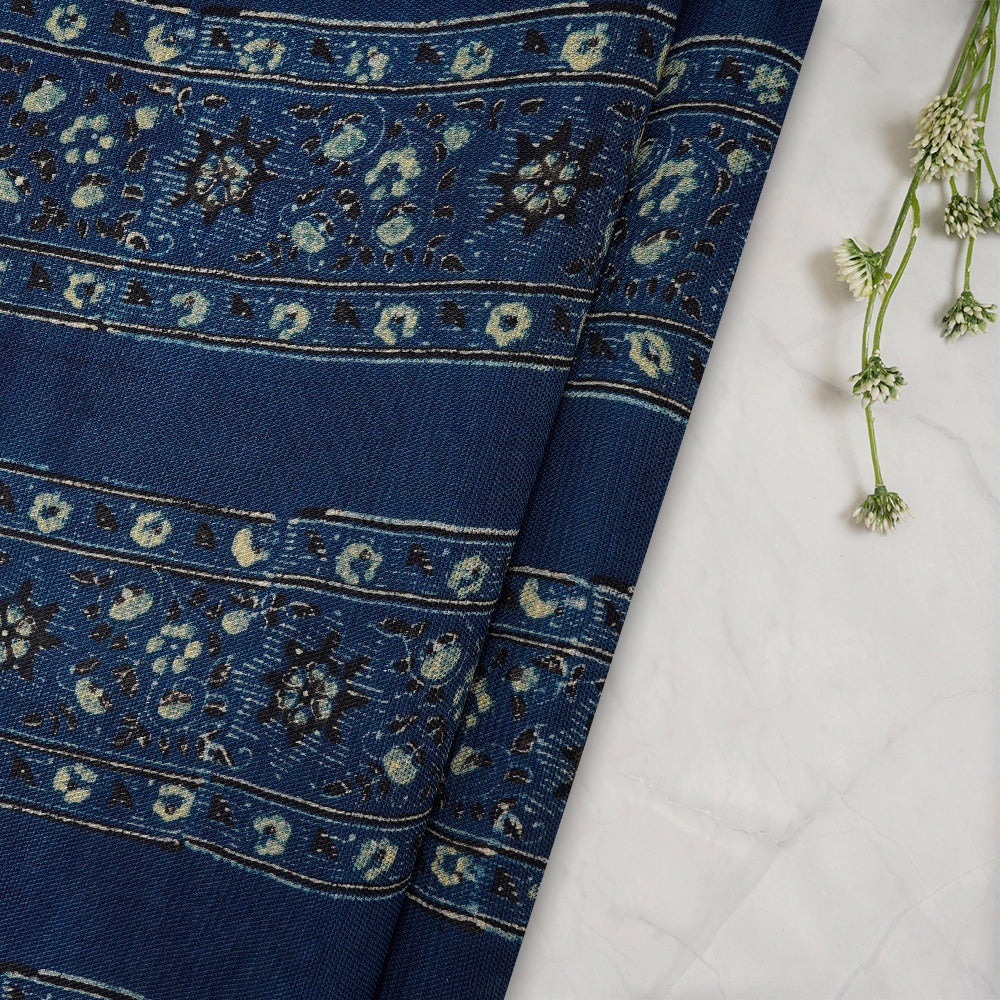 (Pre-Cut 3 Mtr) Blue Color Handcrafted Ajrak Printed Modal Dobby Fabric