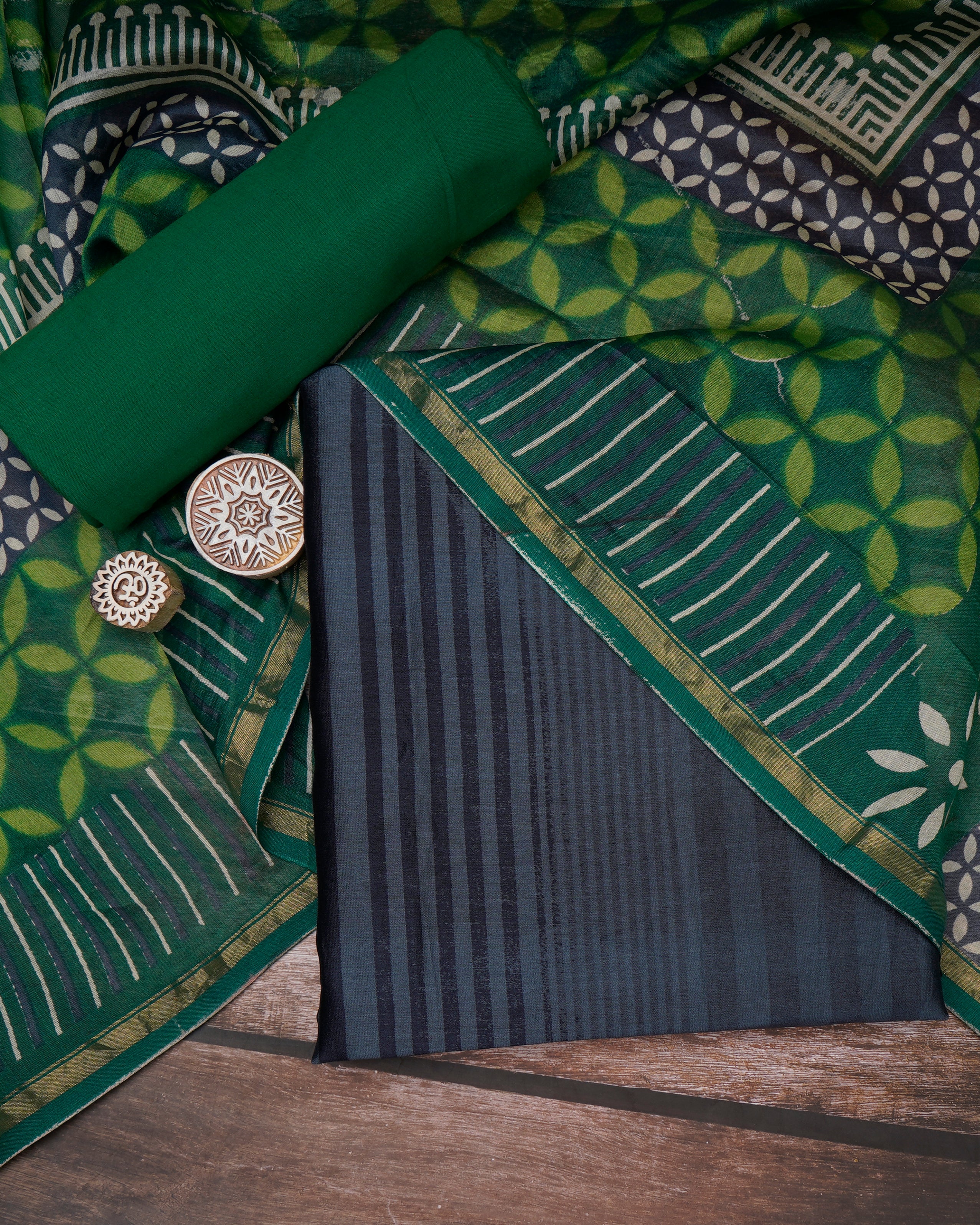 Grey-Green Printed Chanderi Unstitched Suit Set