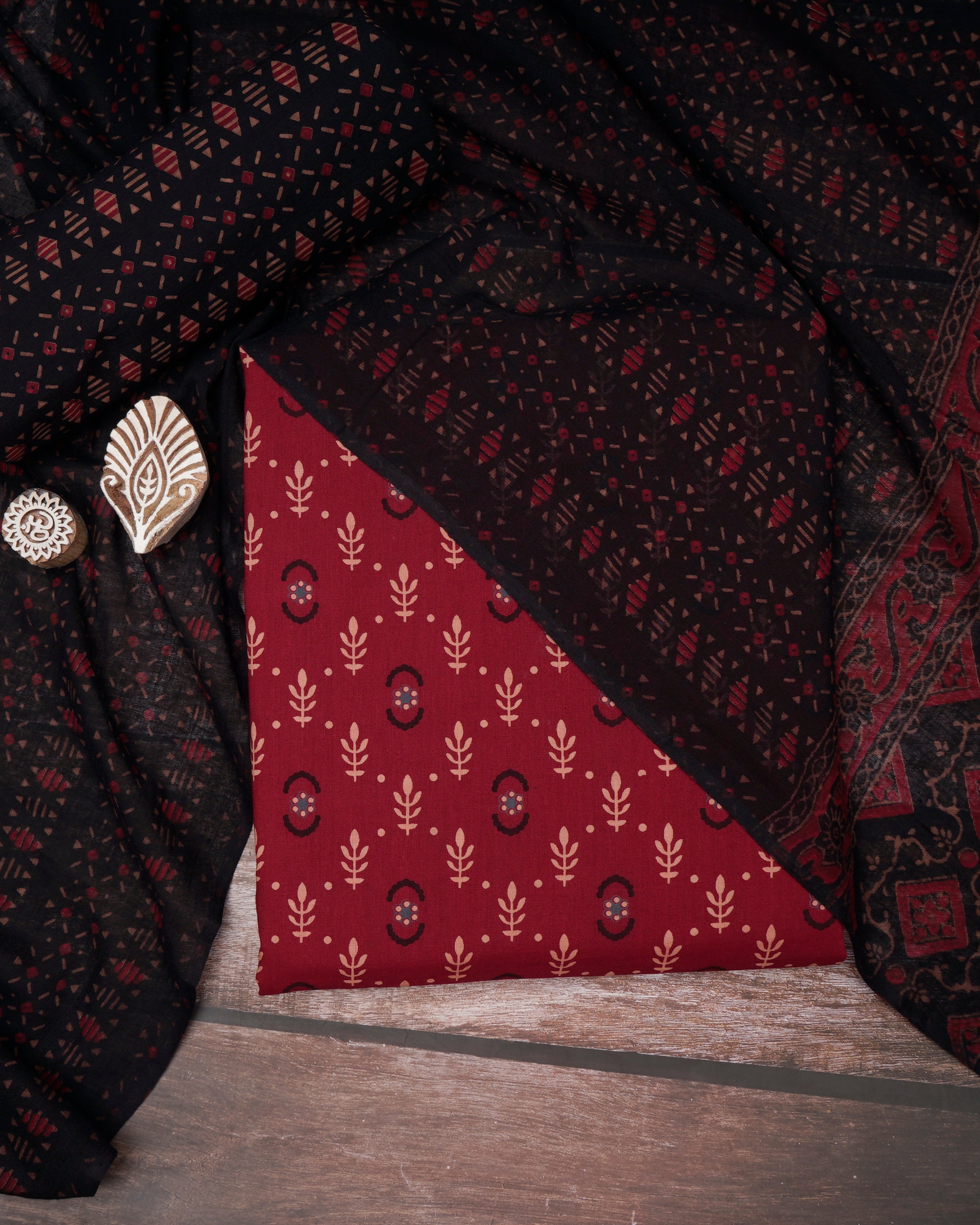 Black-Red Printed Pure Cotton Unstitched Suit Set