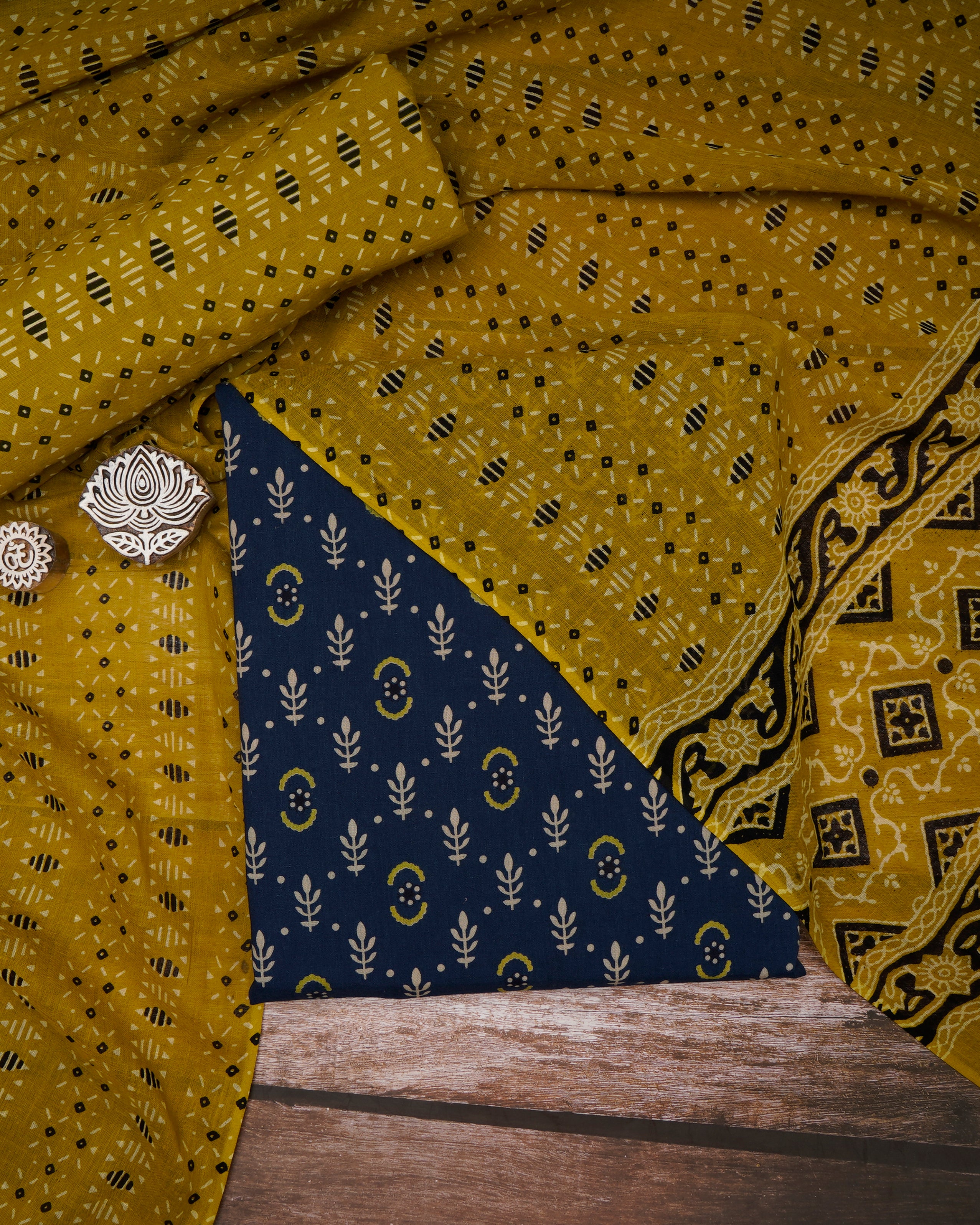 Teal Blue-Yellow Printed Pure Cotton Unstitched Suit Set