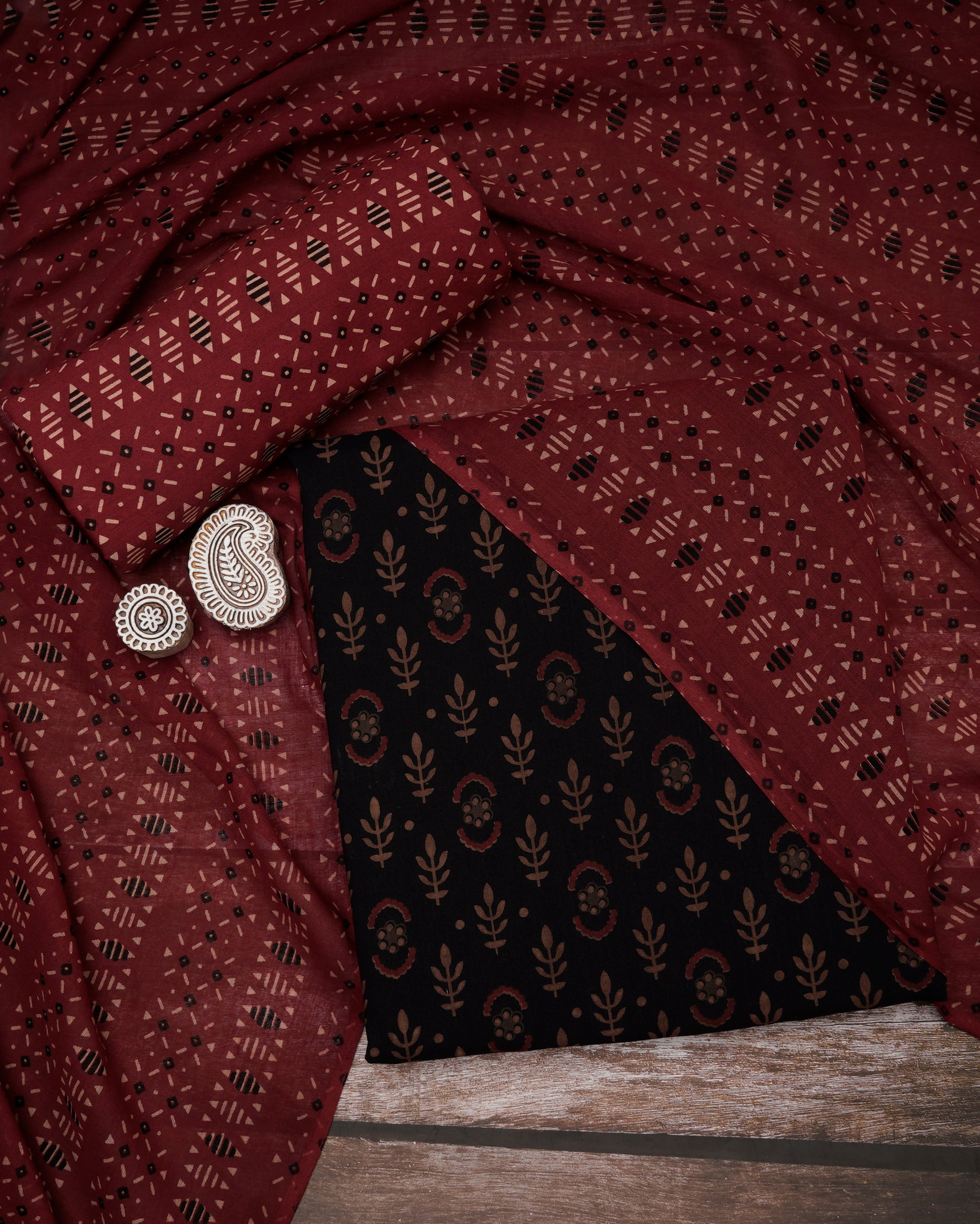 Black-Maroon Printed Pure Cotton Unstitched Suit Set