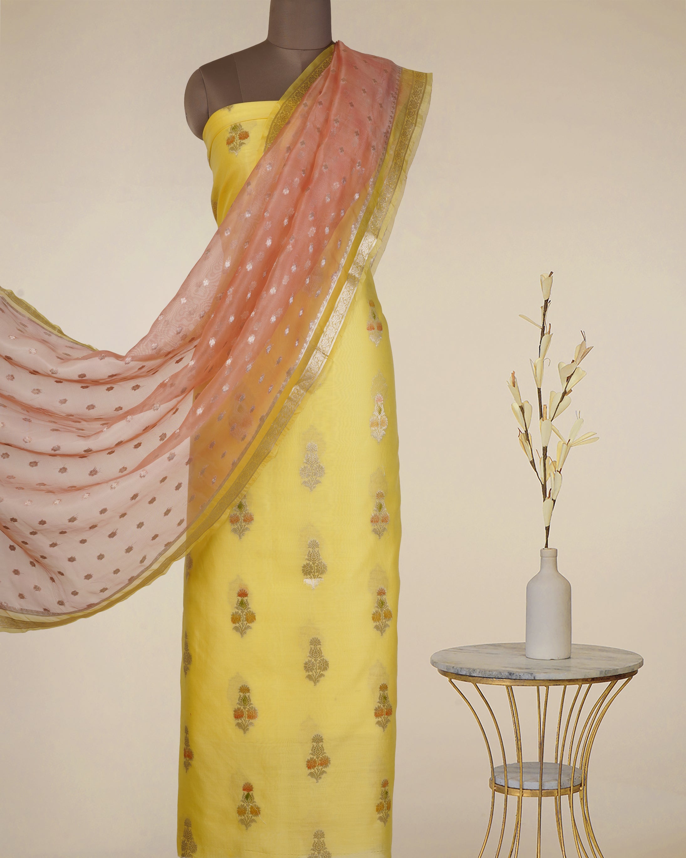 Yellow-Pink Booti Pattern Fancy Handwoven Chanderi Unstitched Suit Set (Top & Dupatta)