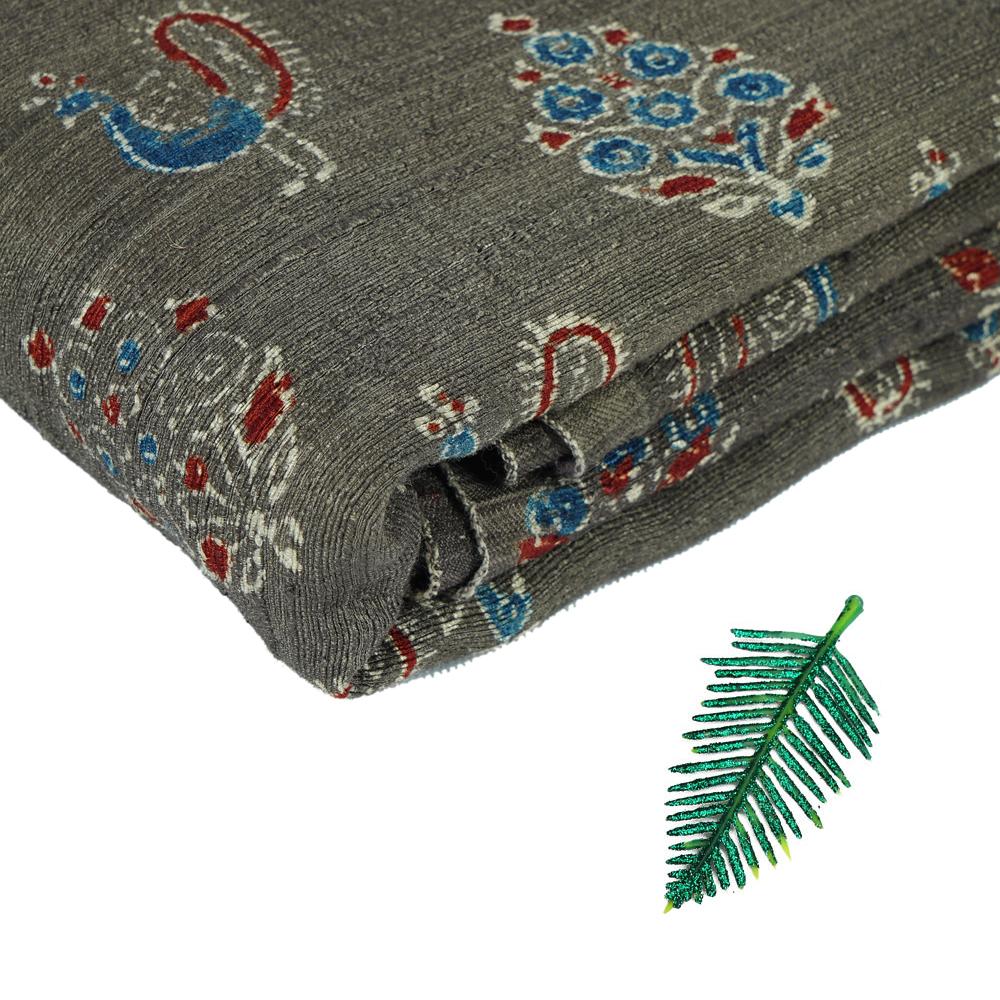 (Pre Cut 3 Mtr Piece) Dark Grey Color Handcrafted Ajrak Printed Modal Dobby Fabric