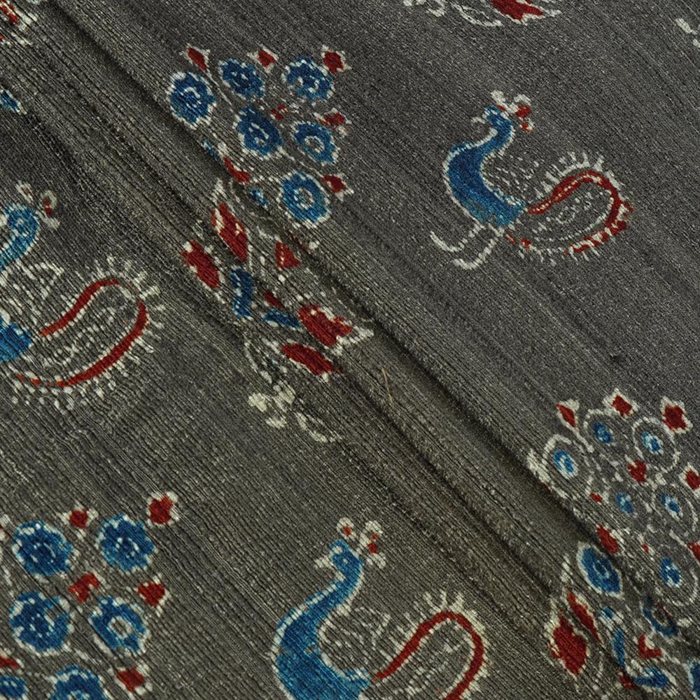 (Pre Cut 3 Mtr Piece) Dark Grey Color Handcrafted Ajrak Printed Modal Dobby Fabric