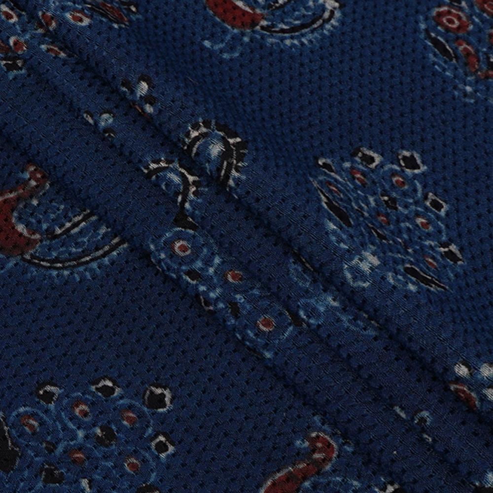 (Pre Cut 3 Mtr Piece) Blue Color Handcrafted Ajrak Printed Modal Dobby Fabric