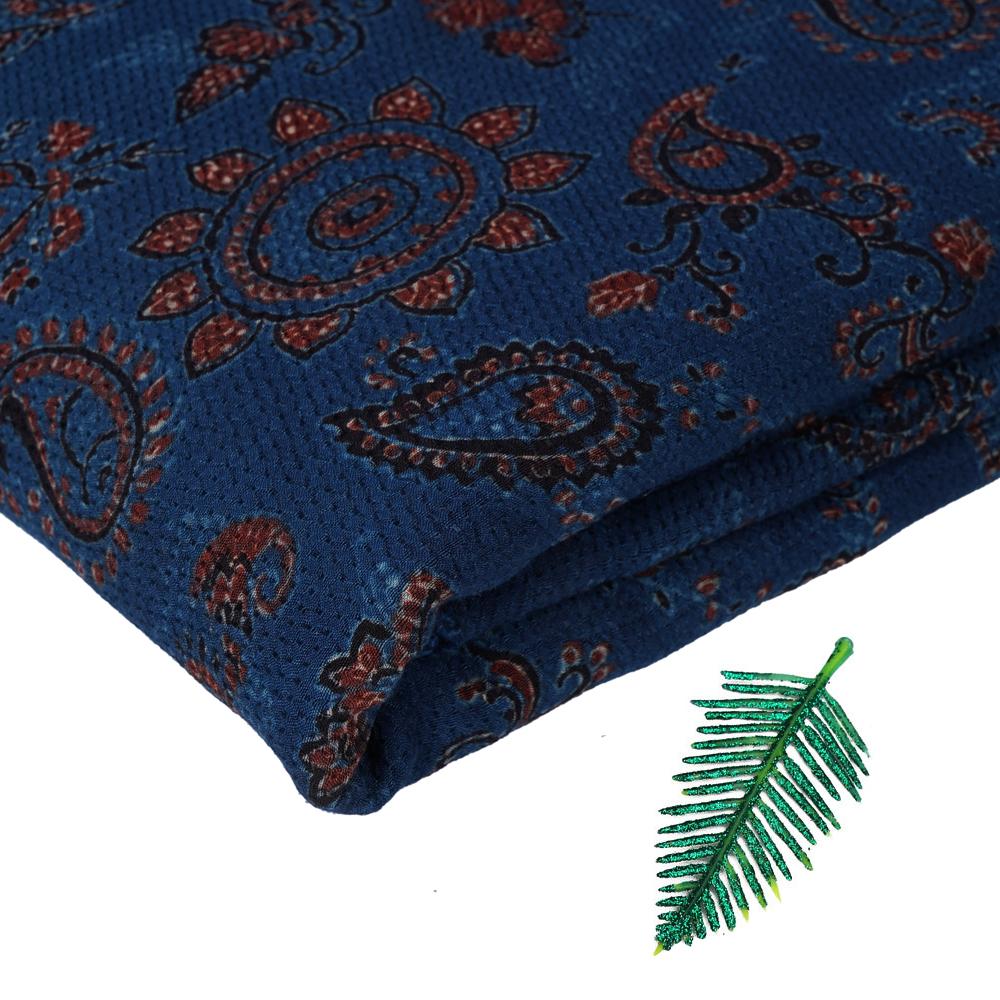 (Pre Cut 3 Mtr Piece) Blue Color Handcrafted Ajrak Printed Modal Dobby Fabric