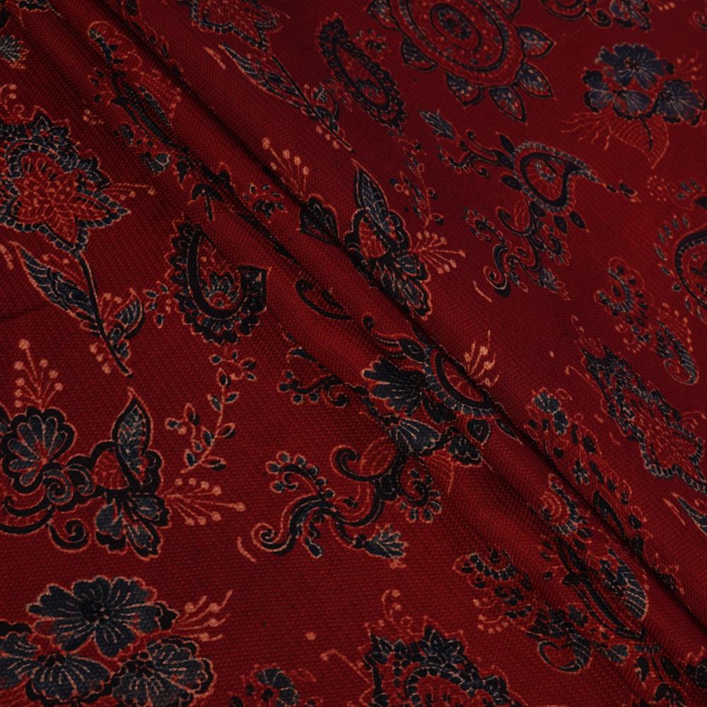 (Pre Cut 3 Mtr Piece) Maroon Color Handcrafted Ajrak Printed Modal Dobby Fabric
