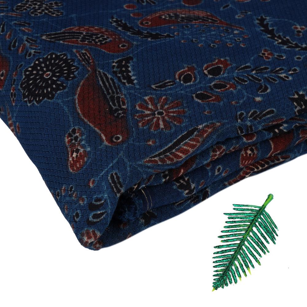 (Pre Cut 3 Mtr Piece) Dark Blue Color Handcrafted Ajrak Printed Modal Dobby Fabric