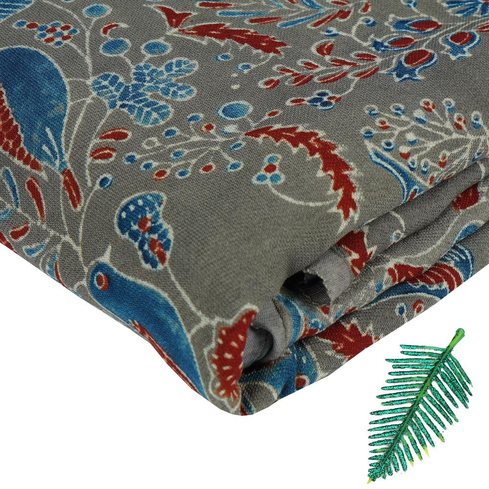 (Pre Cut 3 Mtr Piece) Grey Color Handcrafted Ajrak Printed Modal Dobby Fabric