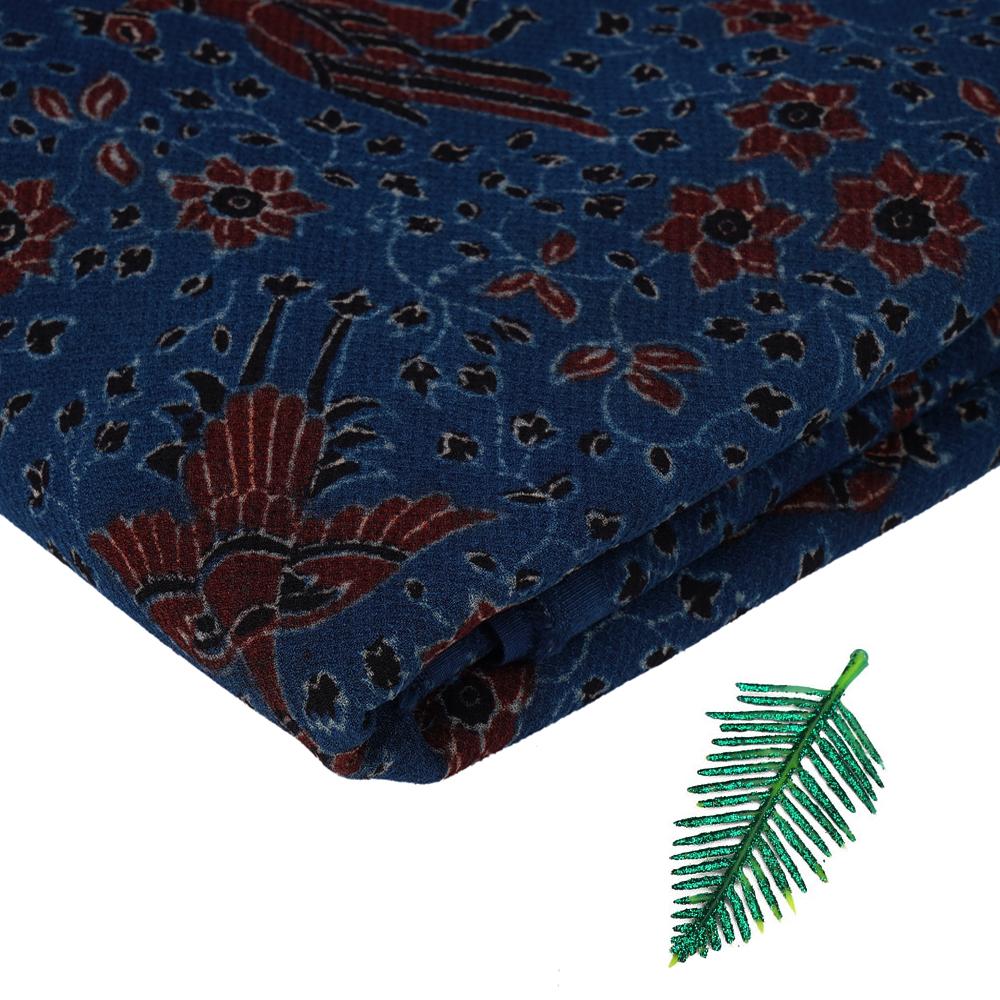 (Pre Cut 3 Mtr Piece) Blue Color Handcrafted Ajrak Printed Modal Dobby Fabric