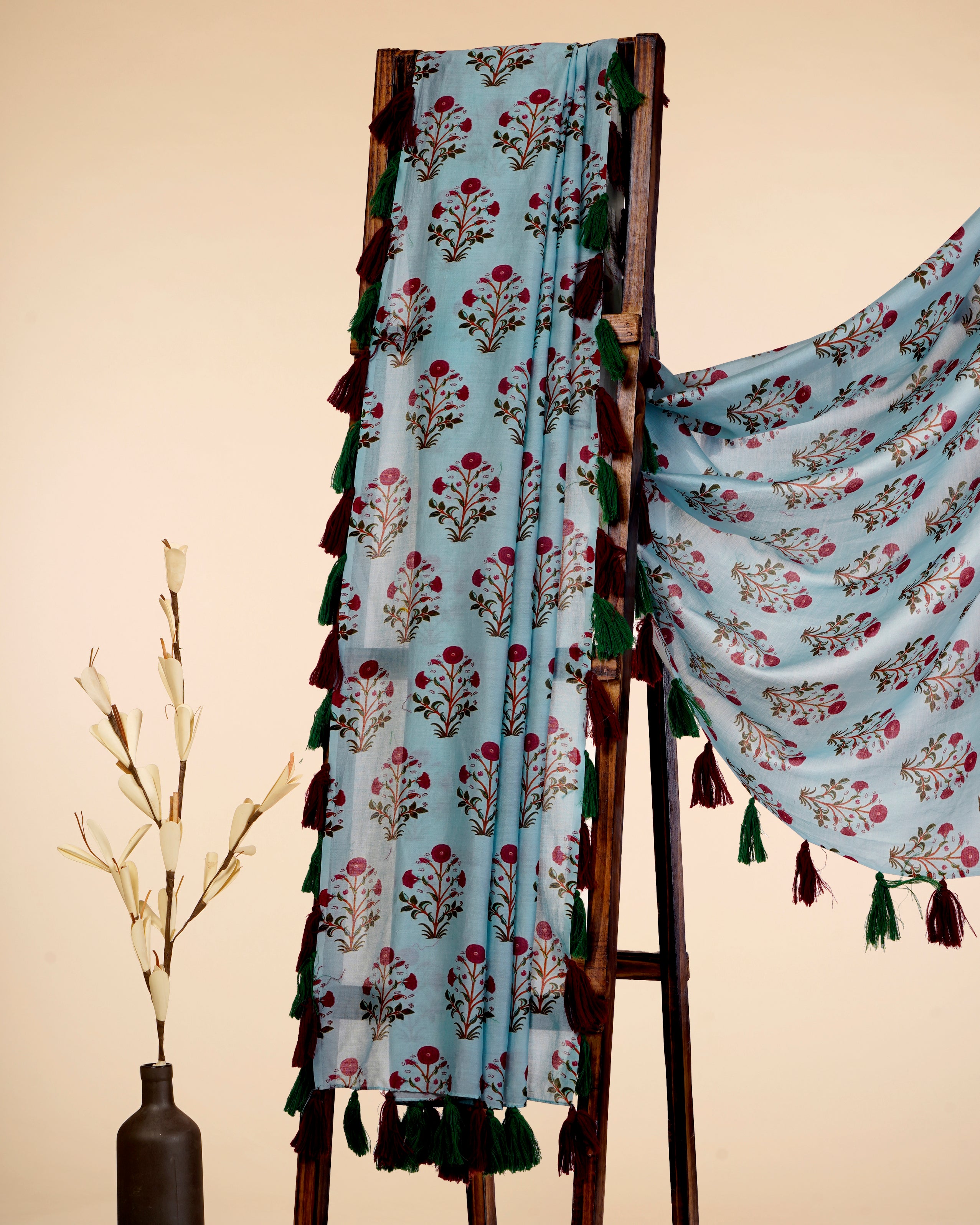 Ice Blue Color Printed Chanderi Dupatta with Tassels