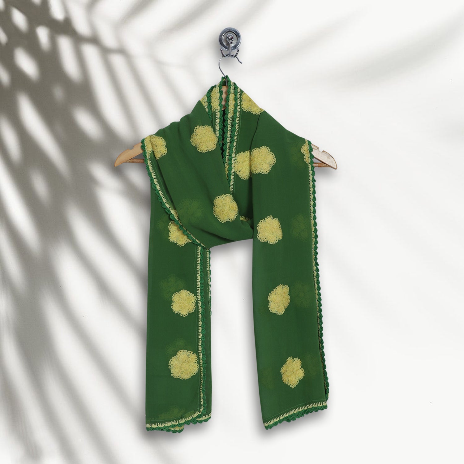 Green-Yellow Color Embroidered Georgette Silk Stole with Crochet Border