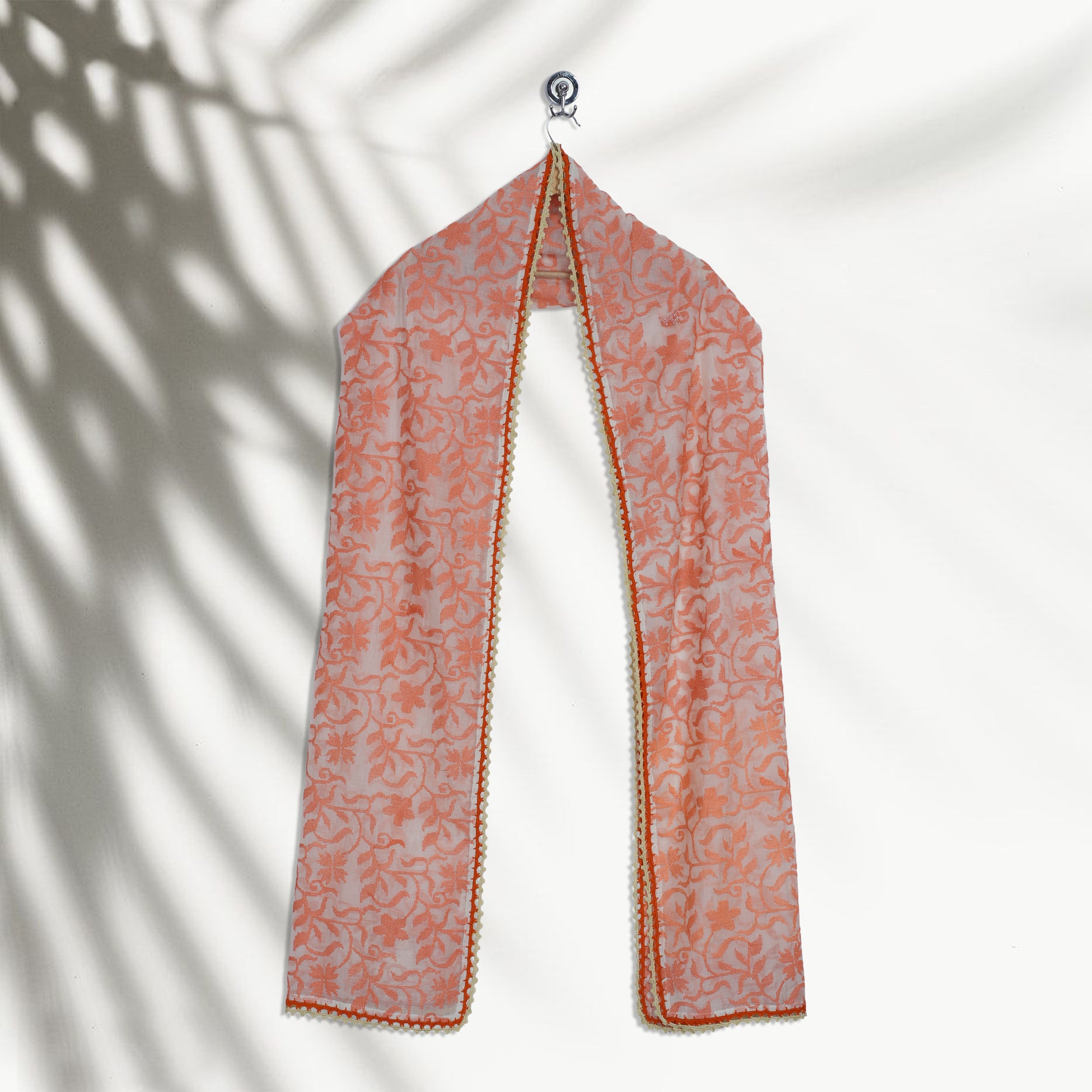 White-Orange Color Embroidered Chanderi Stole with Crochet Border
