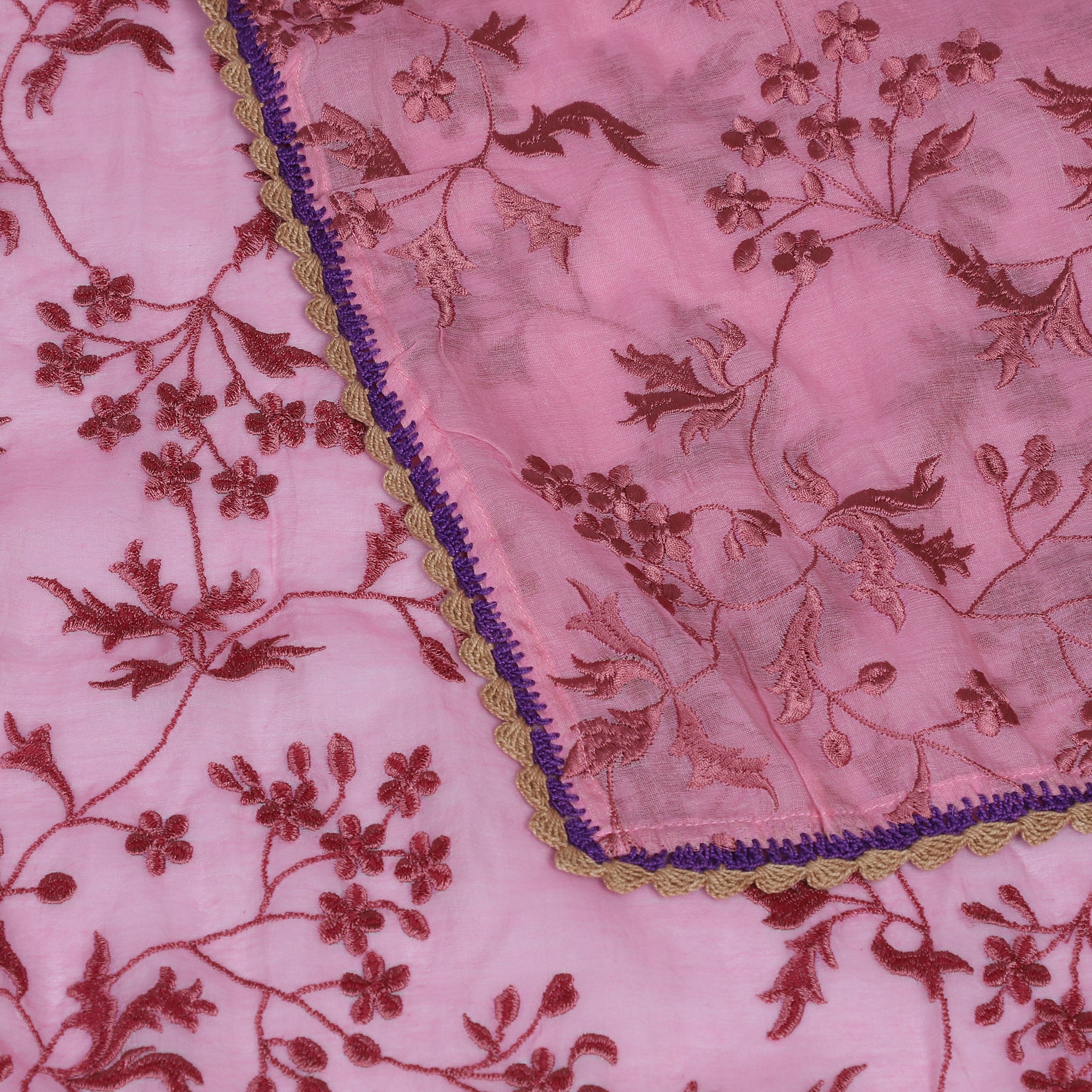 Pink Color Embroidered Chanderi Stole with Crochet Border
