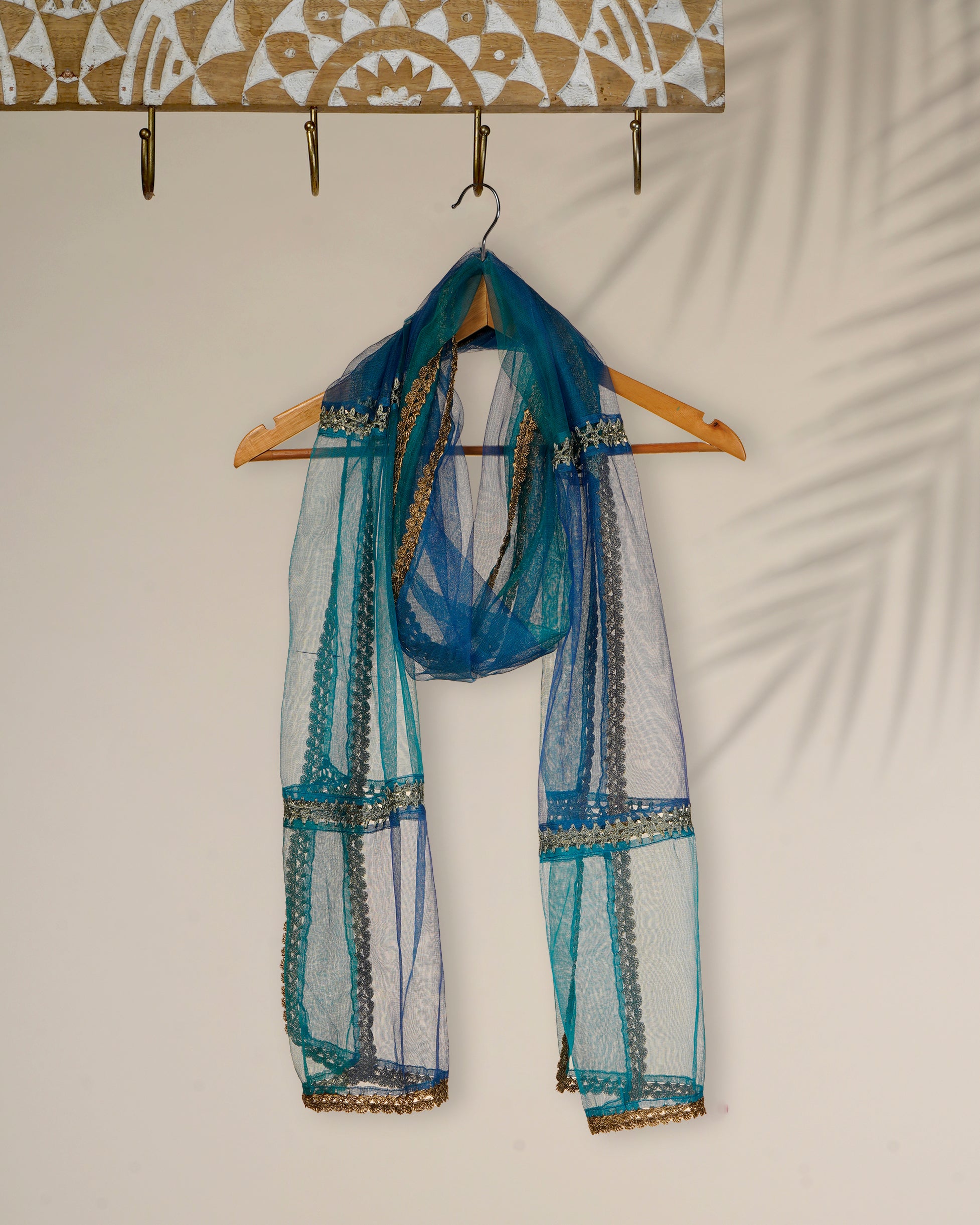 Blue Color Nylon Net Stole with Crochet Border