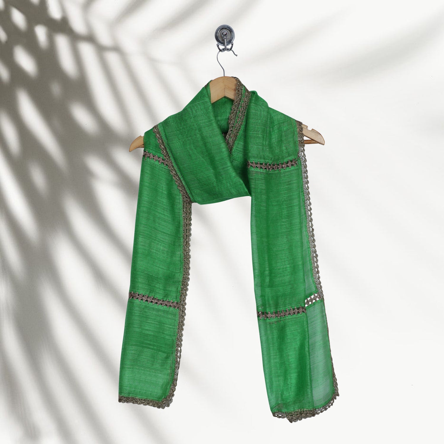 Lawn Green Color Nylon Net Stole with Crochet Border