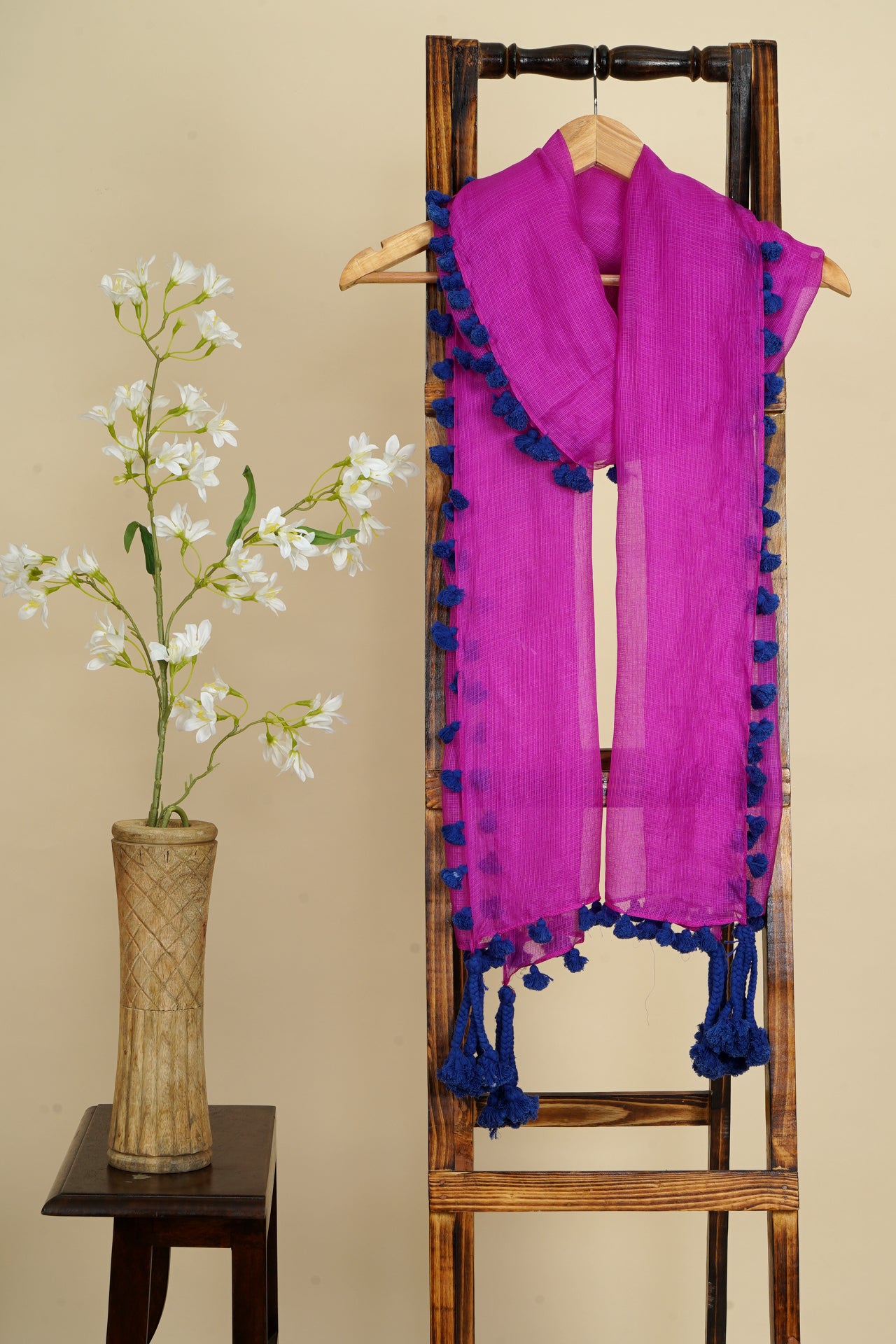 Pink Color Handwoven Tussar Kota Silk Stole with Tassels