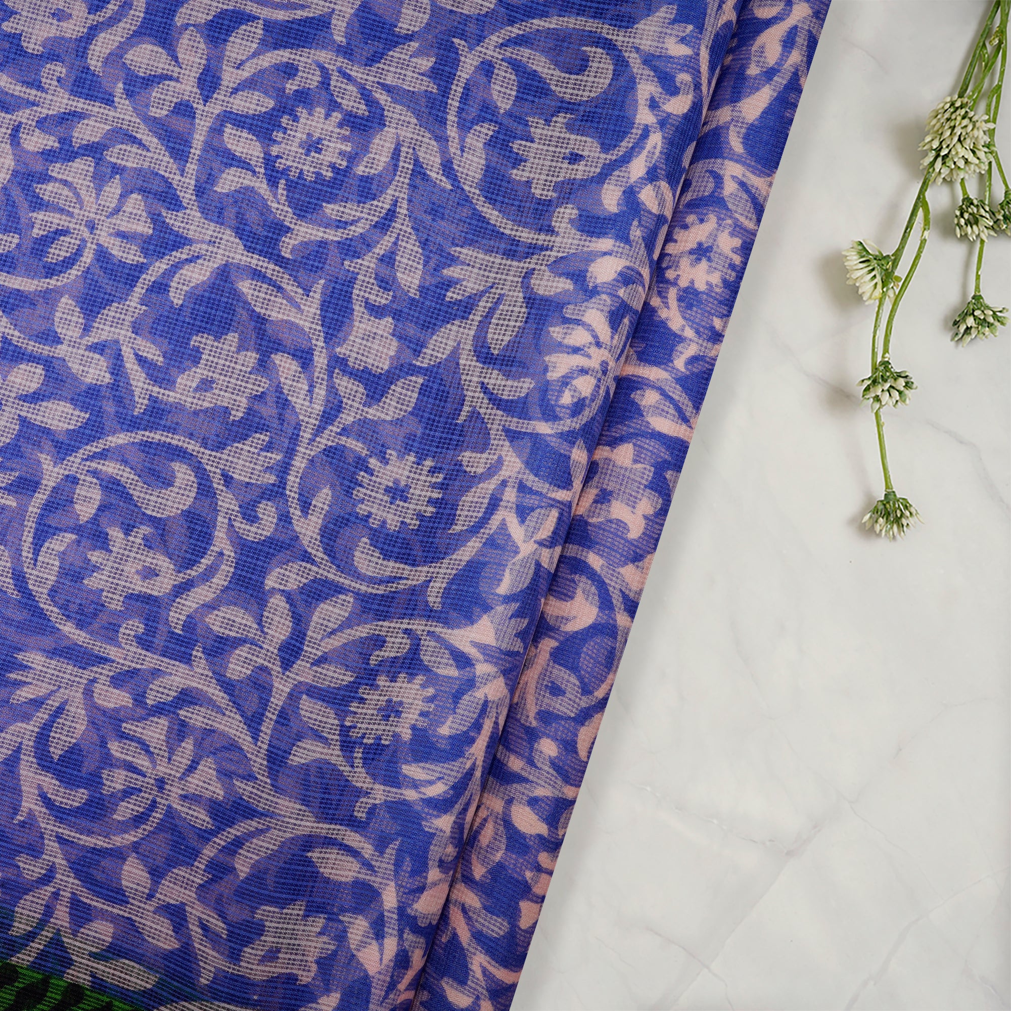 Blue-White Color Printed Kota Silk Fabric