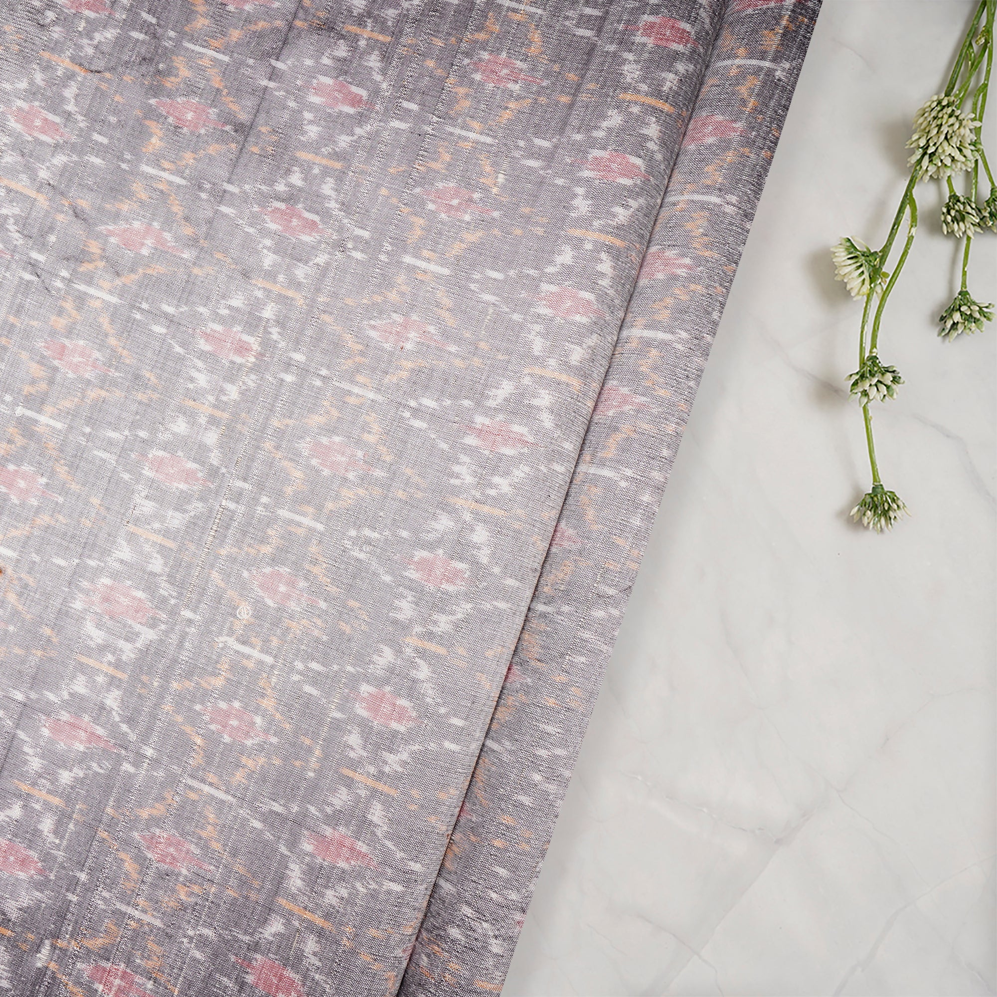 Silver Handwoven Dupion Silk Ikat Fabric