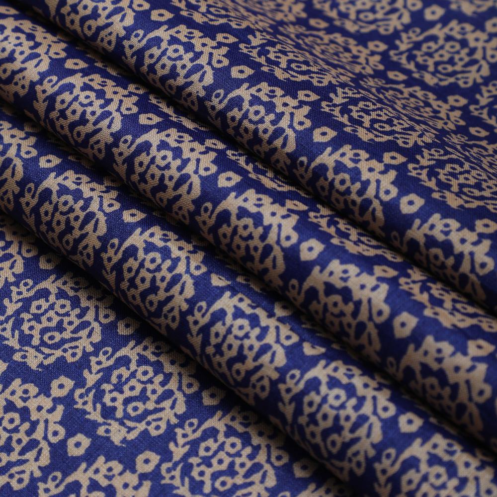 Blue-Beige Color Printed Tussar Silk Fabric