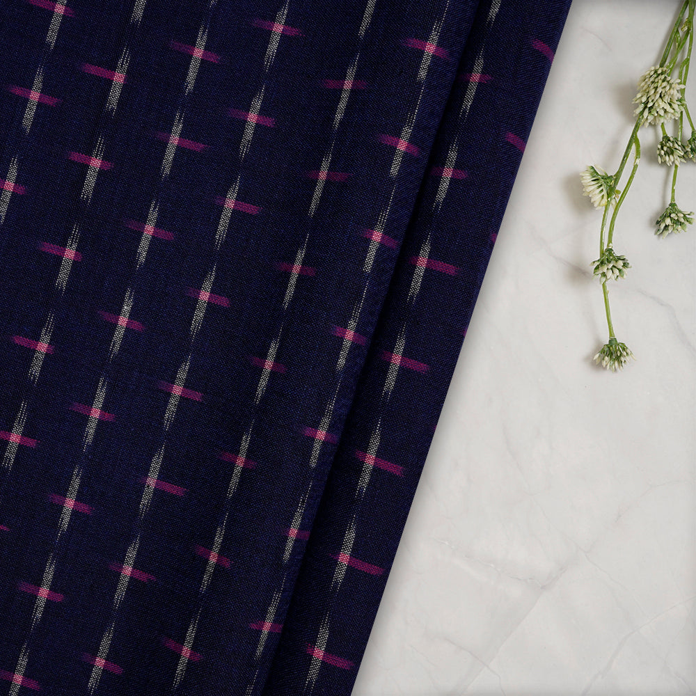 Dark Blue Color Washed Woven Double Ikat Cotton Fabric