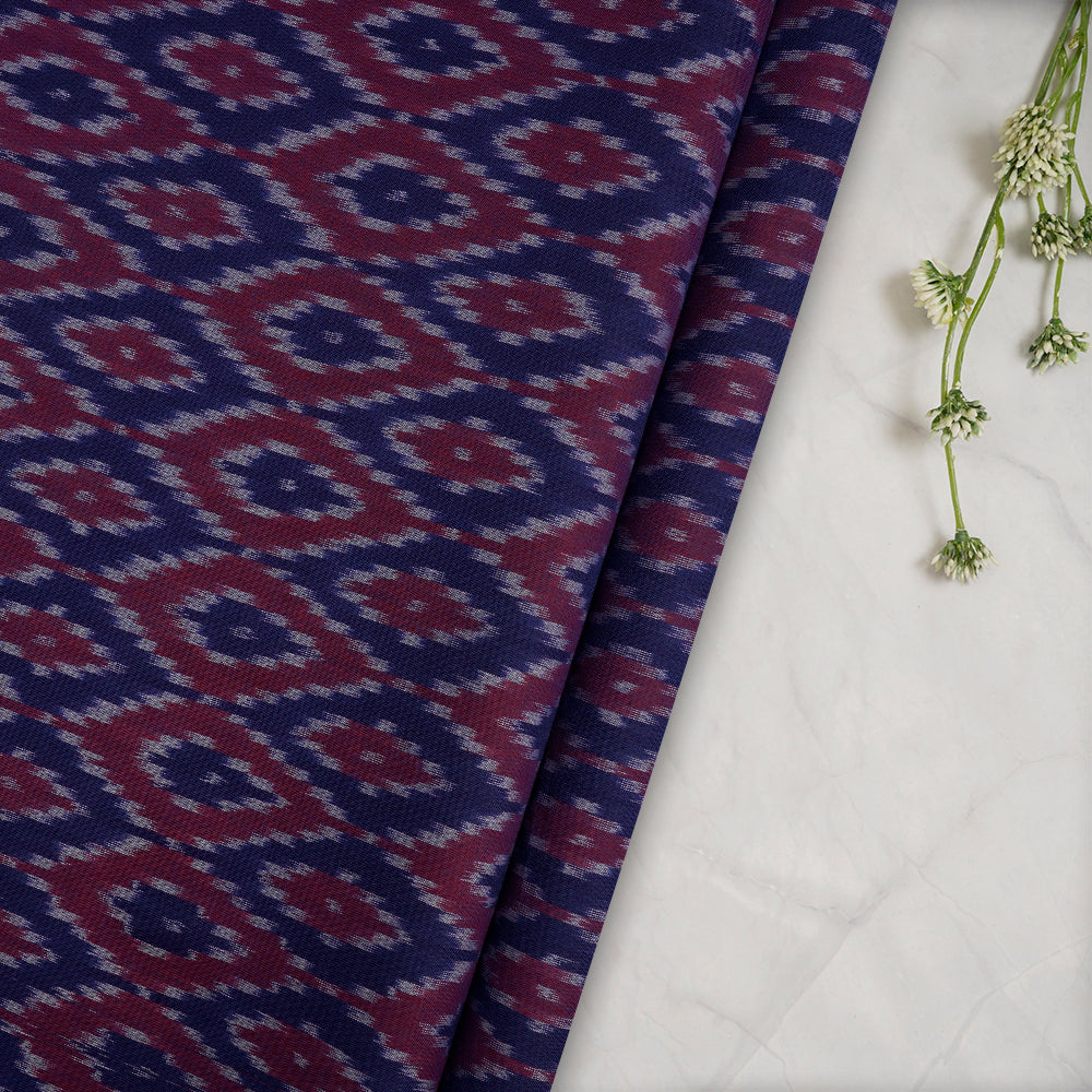 Blue-Dried Blood Color Washed Mercerized Woven Ikat Cotton Fabric