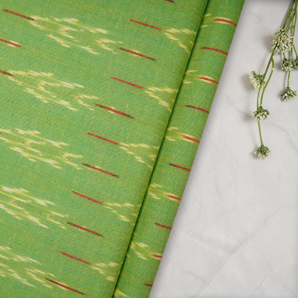 Parrot Green Color Washed Woven Ikat Cotton Fabric