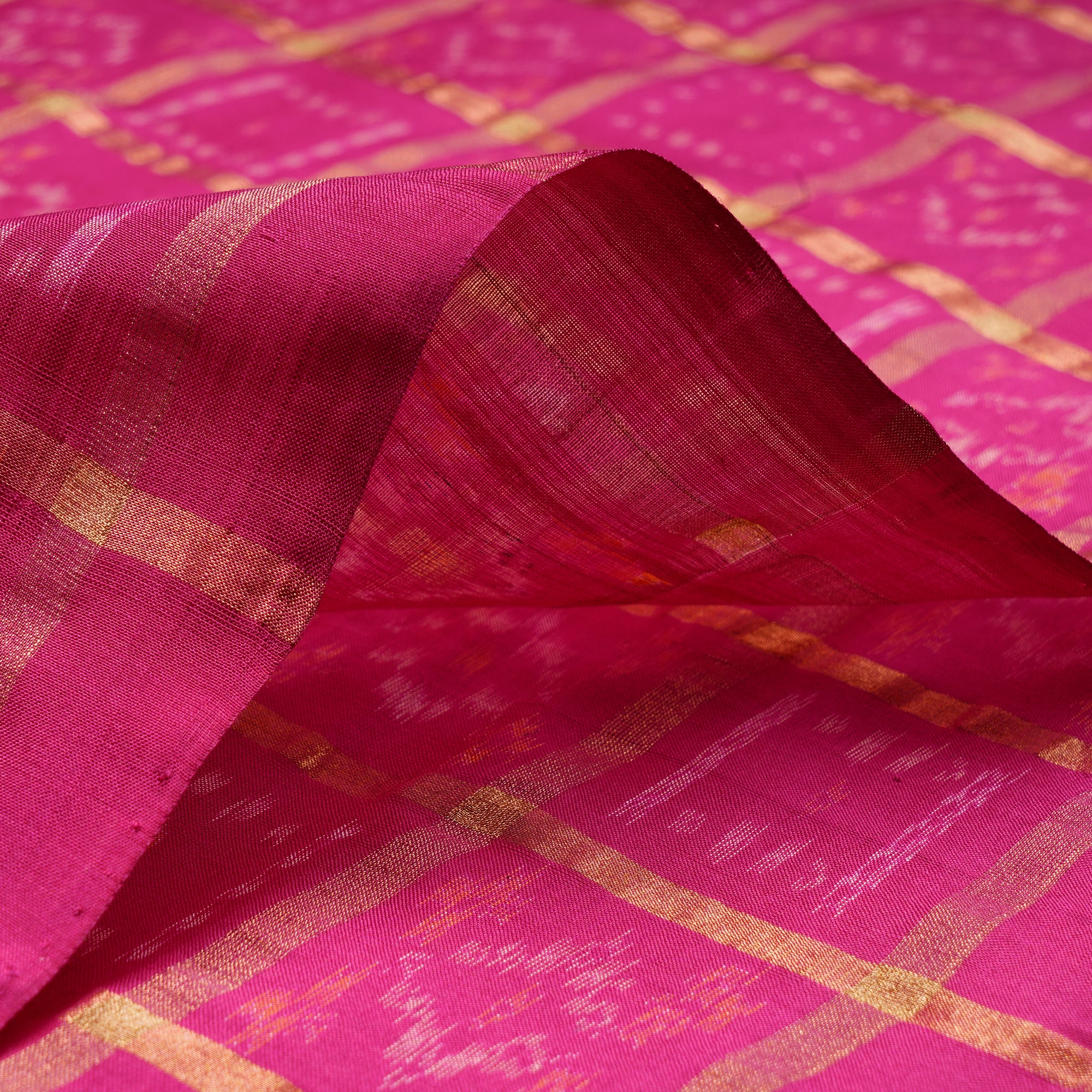 Rani-Pink Gold Hanndwoven Sico Patola Ikat Silk-Cotton Fabric