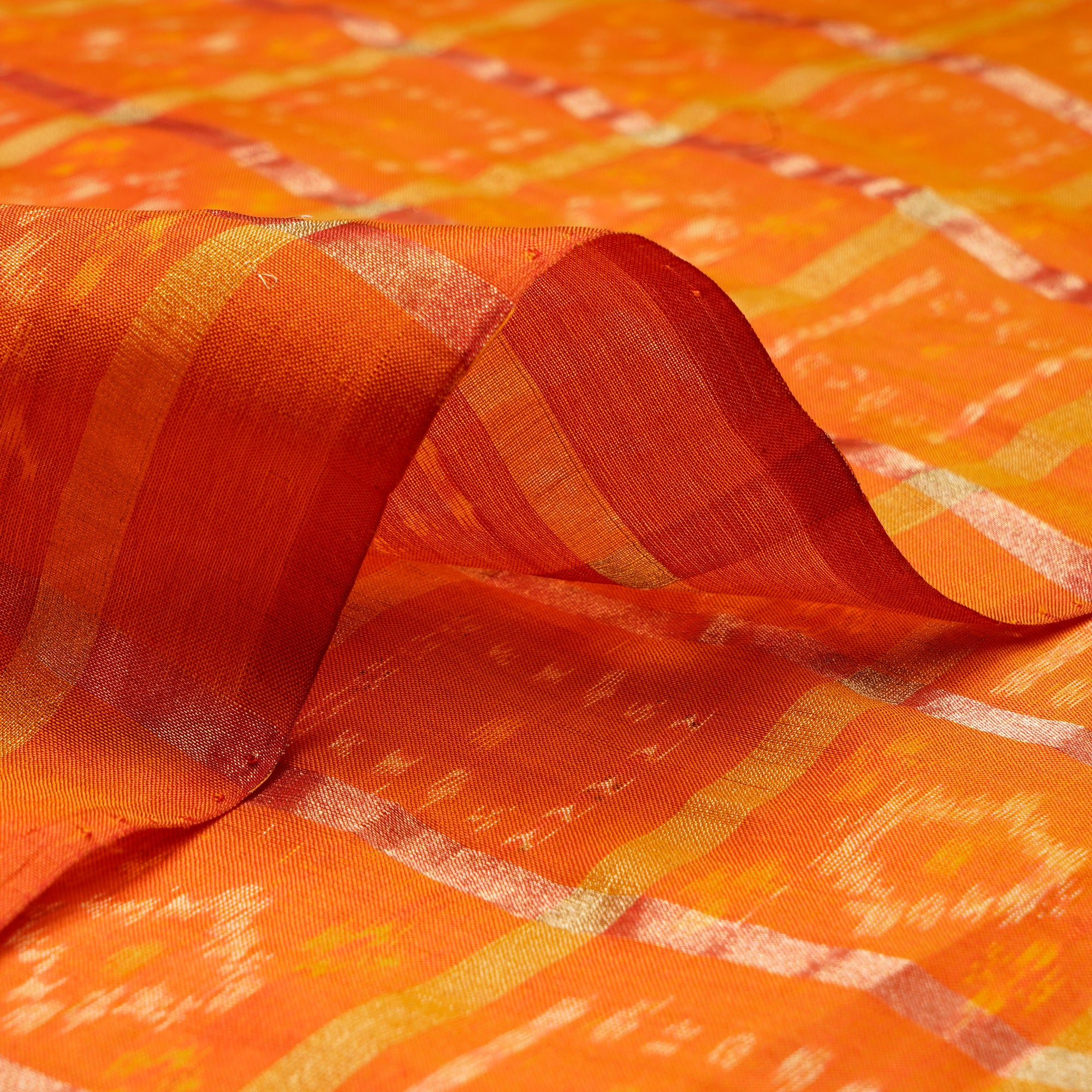 Orange-Gold Hanndwoven Sico Patola Ikat Silk-Cotton Fabric