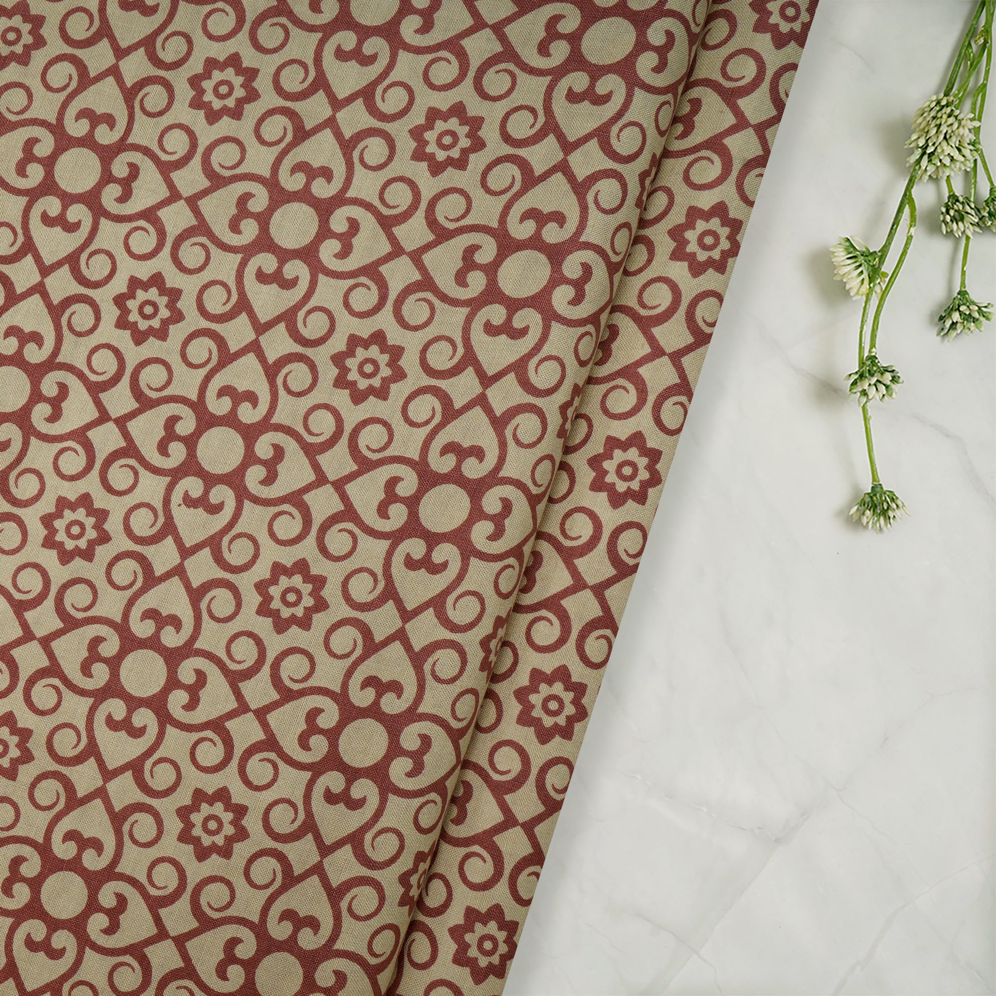 Brown-Beige Color Printed Cotton Silk Fabric