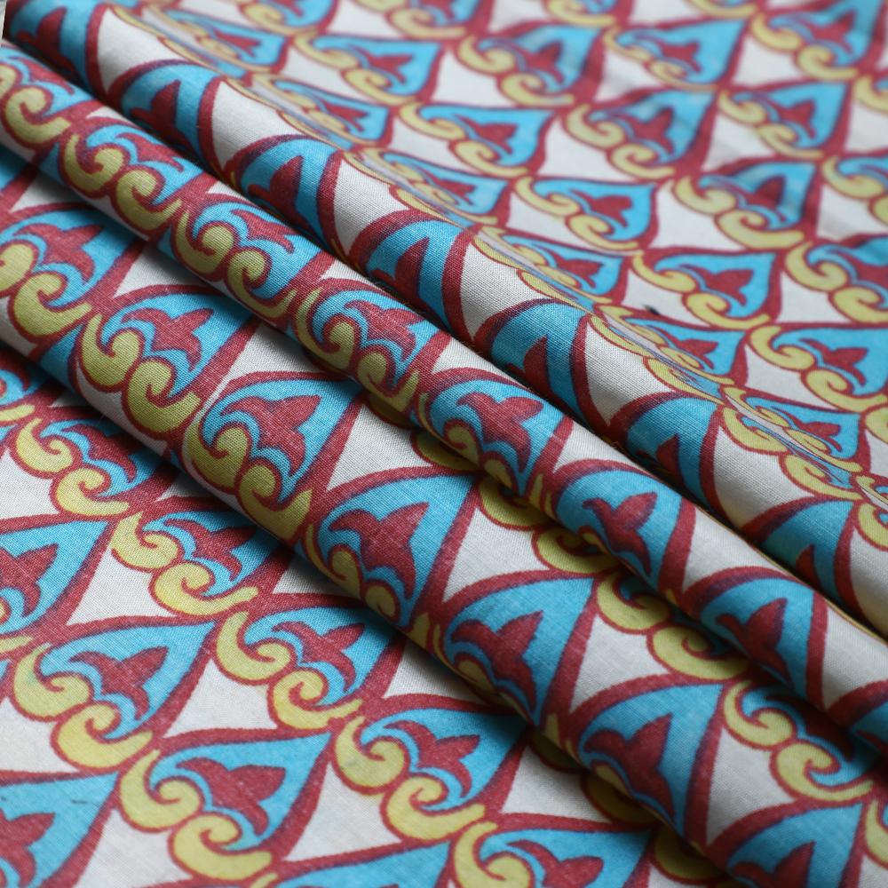 Blue-Yellow Color Printed Silk Cotton Fabric