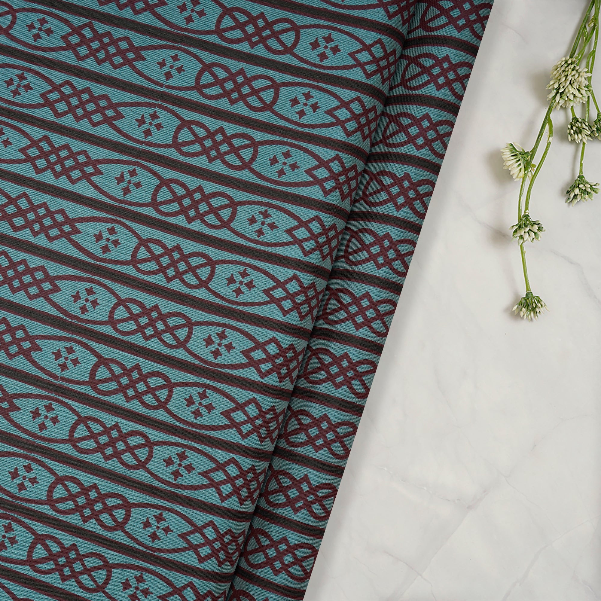 Dream Blue Color Printed Cotton Silk Fabric