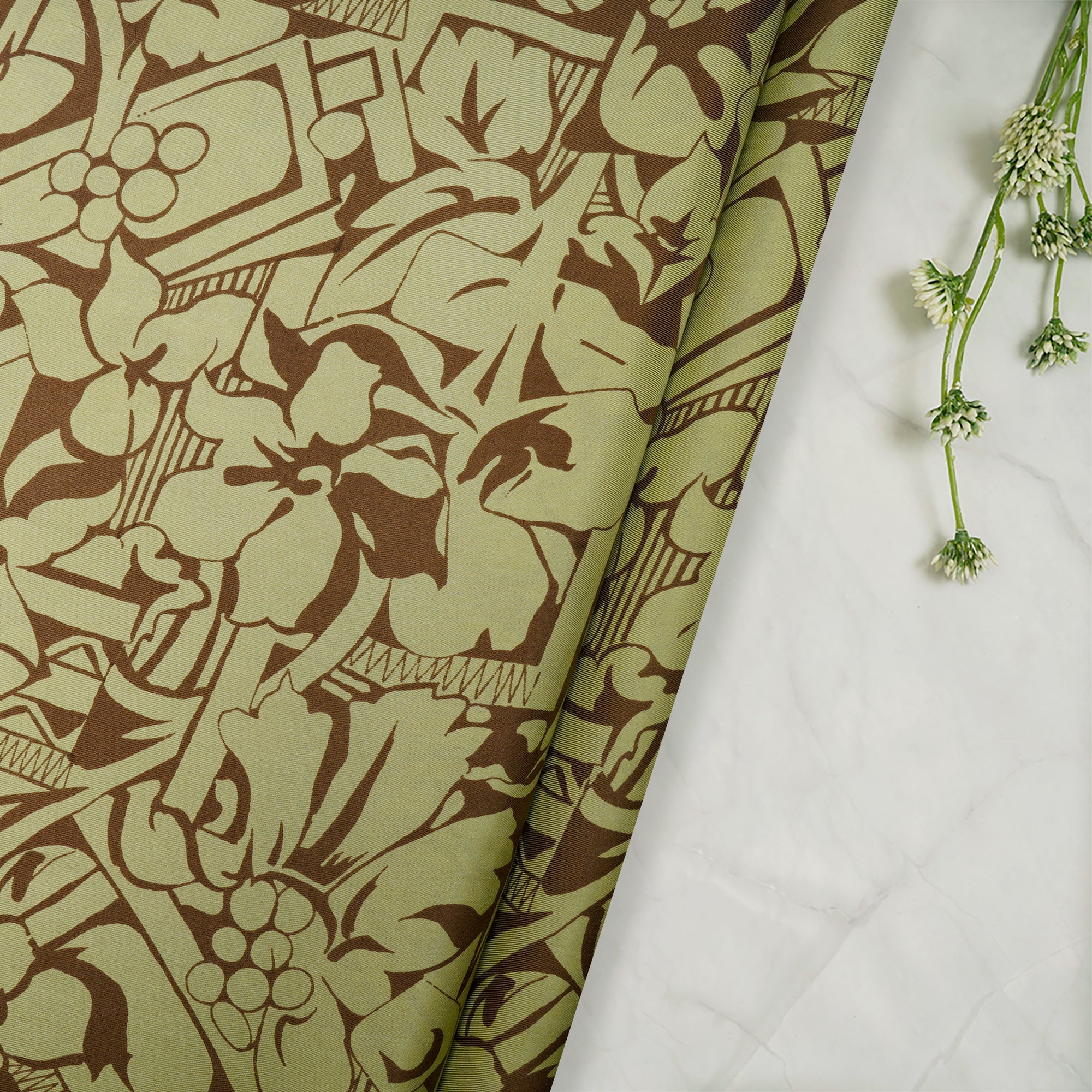 Sharp Green-Brown Color Printed Twill Silk Fabric