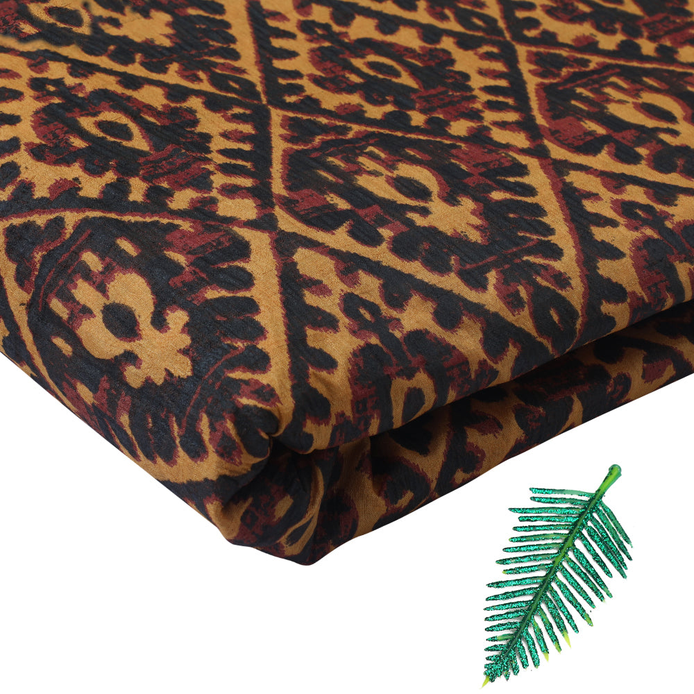 Mustard-Brown Color Printed Tussar Silk Fabric