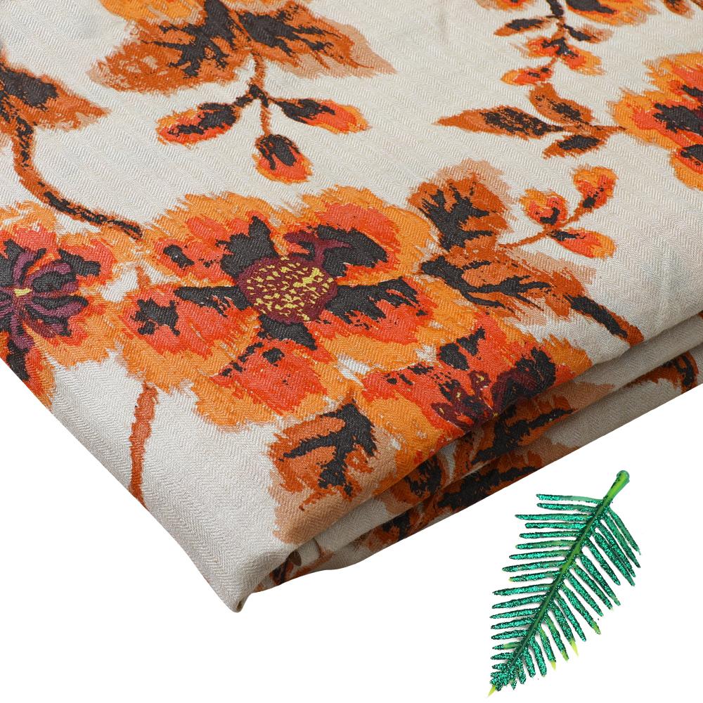 Beige-Orange Color Printed Pashmina Silk Fabric