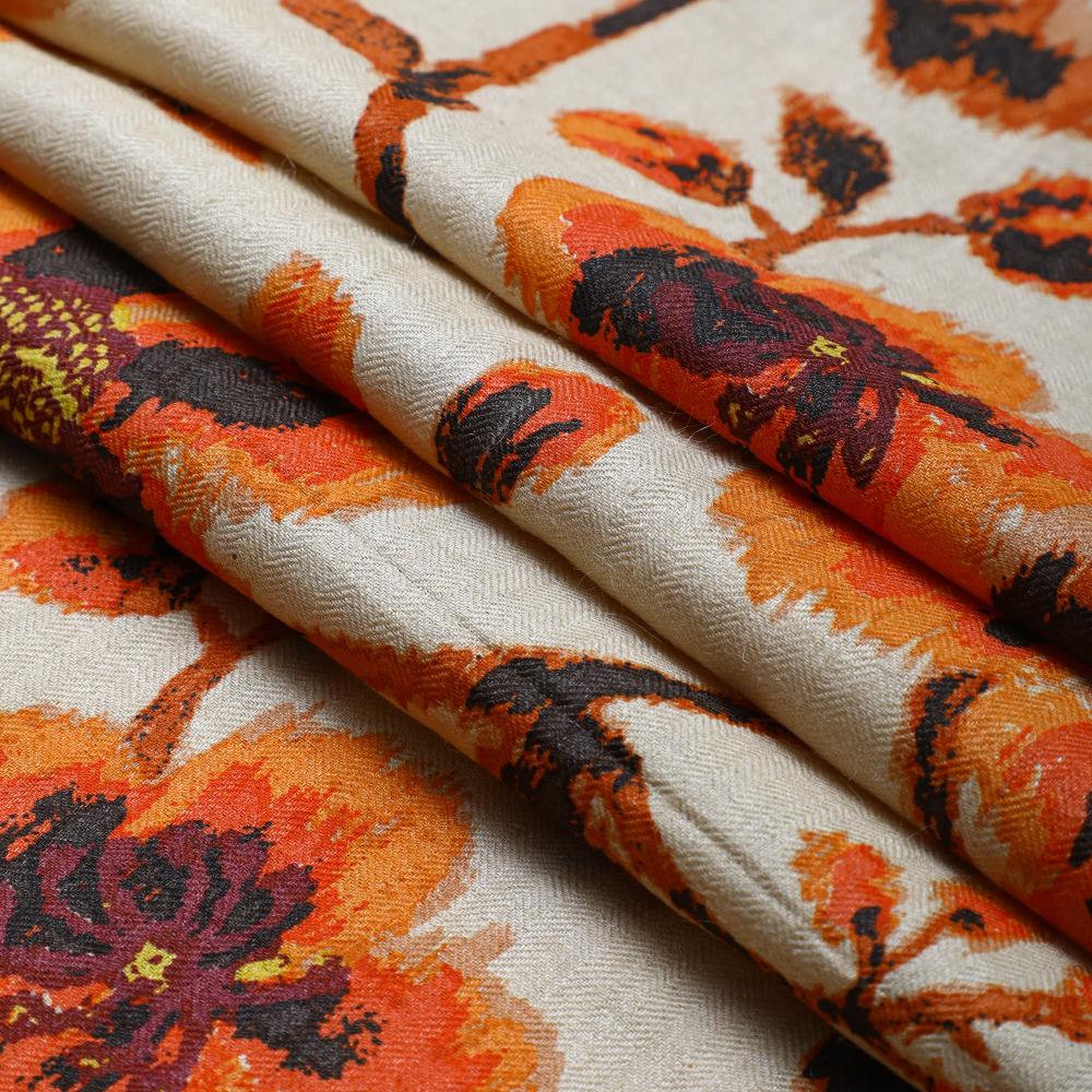 Beige-Orange Color Printed Pashmina Silk Fabric