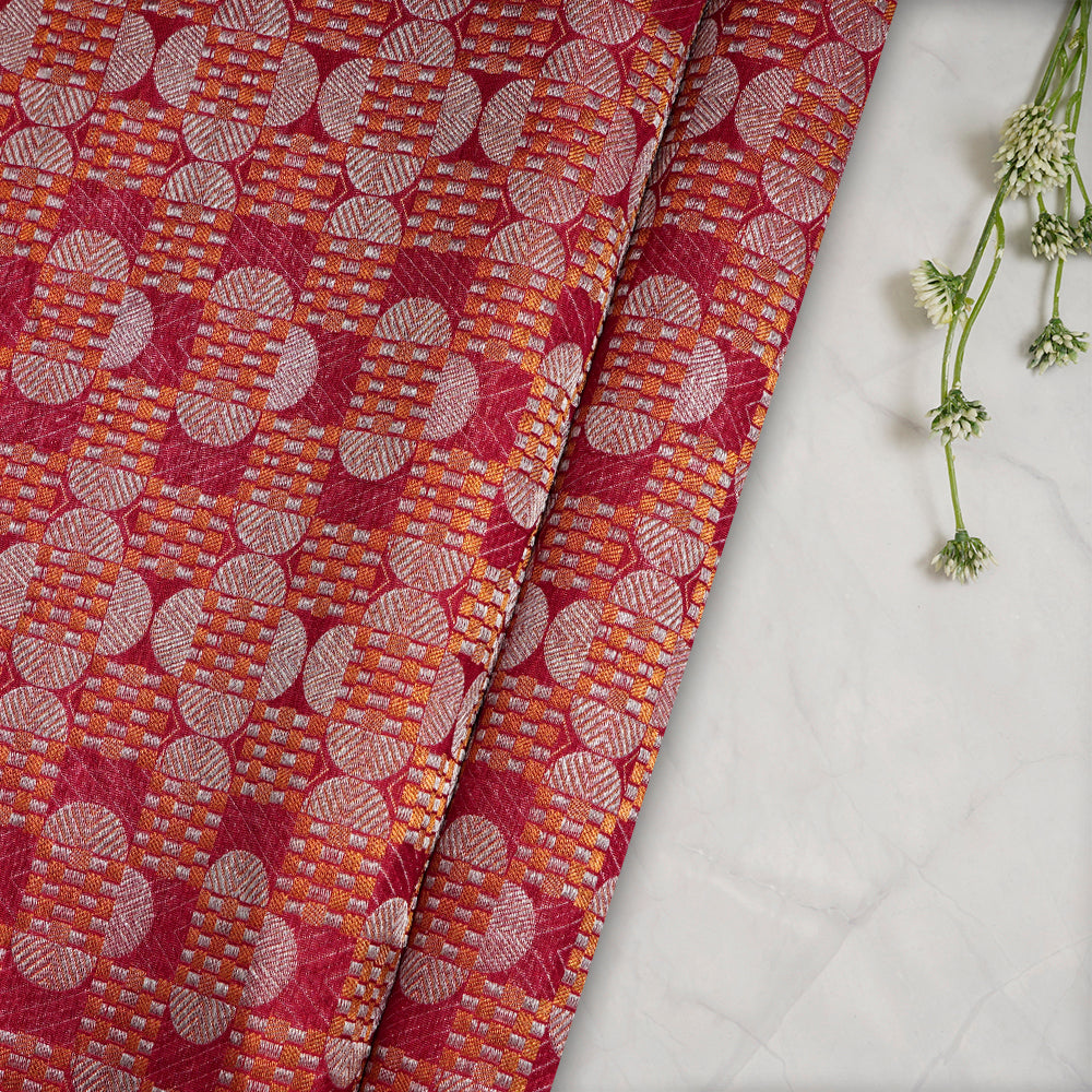 Red Color Handwoven Brocade Silk Fabric with Silver Zari