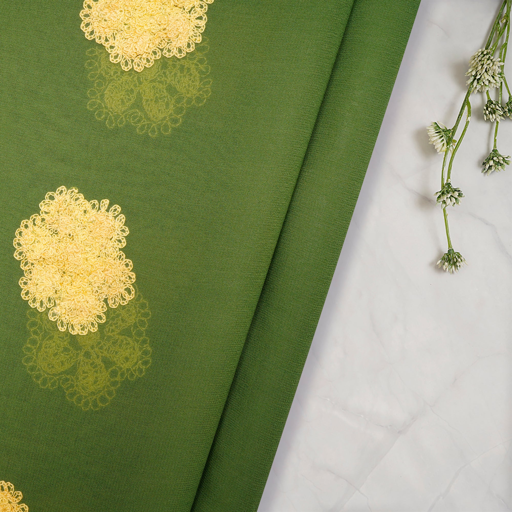 Green-Yellow Color Embroidered Georgette Silk Fabric