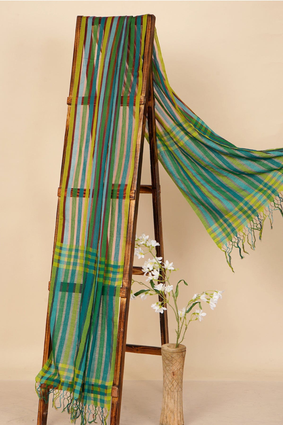 Green-Yellow Color Handwoven Striped Cotton Silk Dupatta with Tassels