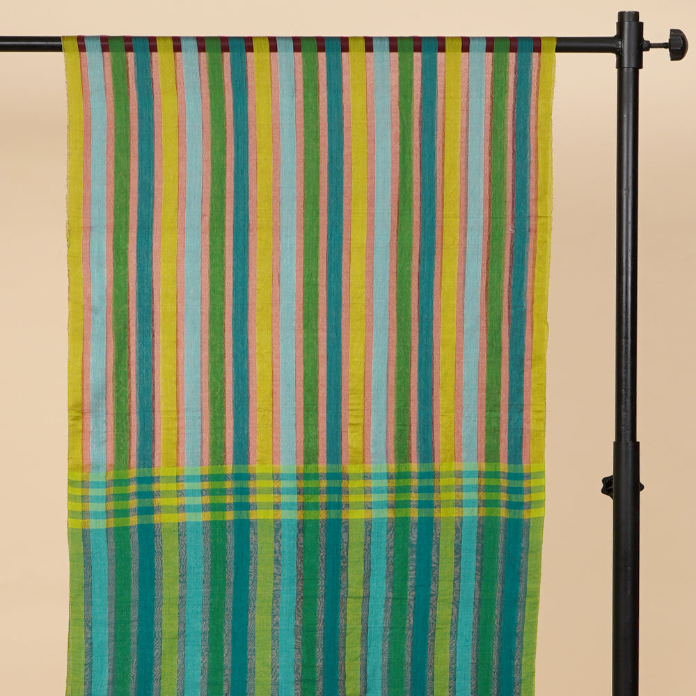 Green-Yellow Color Handwoven Striped Cotton Silk Dupatta with Tassels