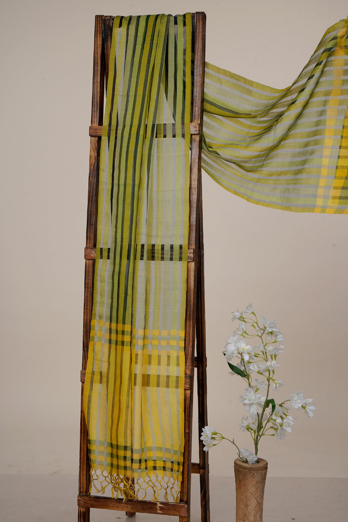 Light Green-Yellow Color Handwoven Striped Cotton Silk Dupatta with Tassels