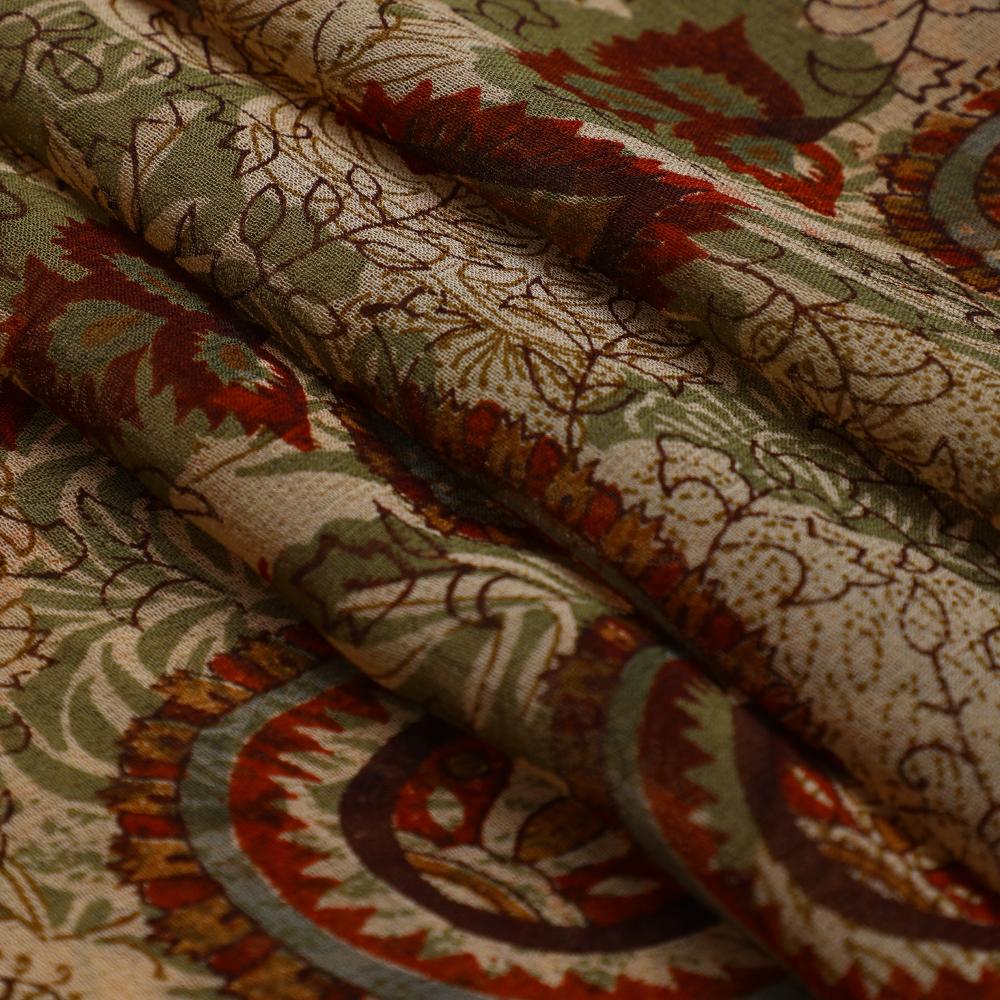 Brown-Olive Green Color Printed Georgette Silk Fabric