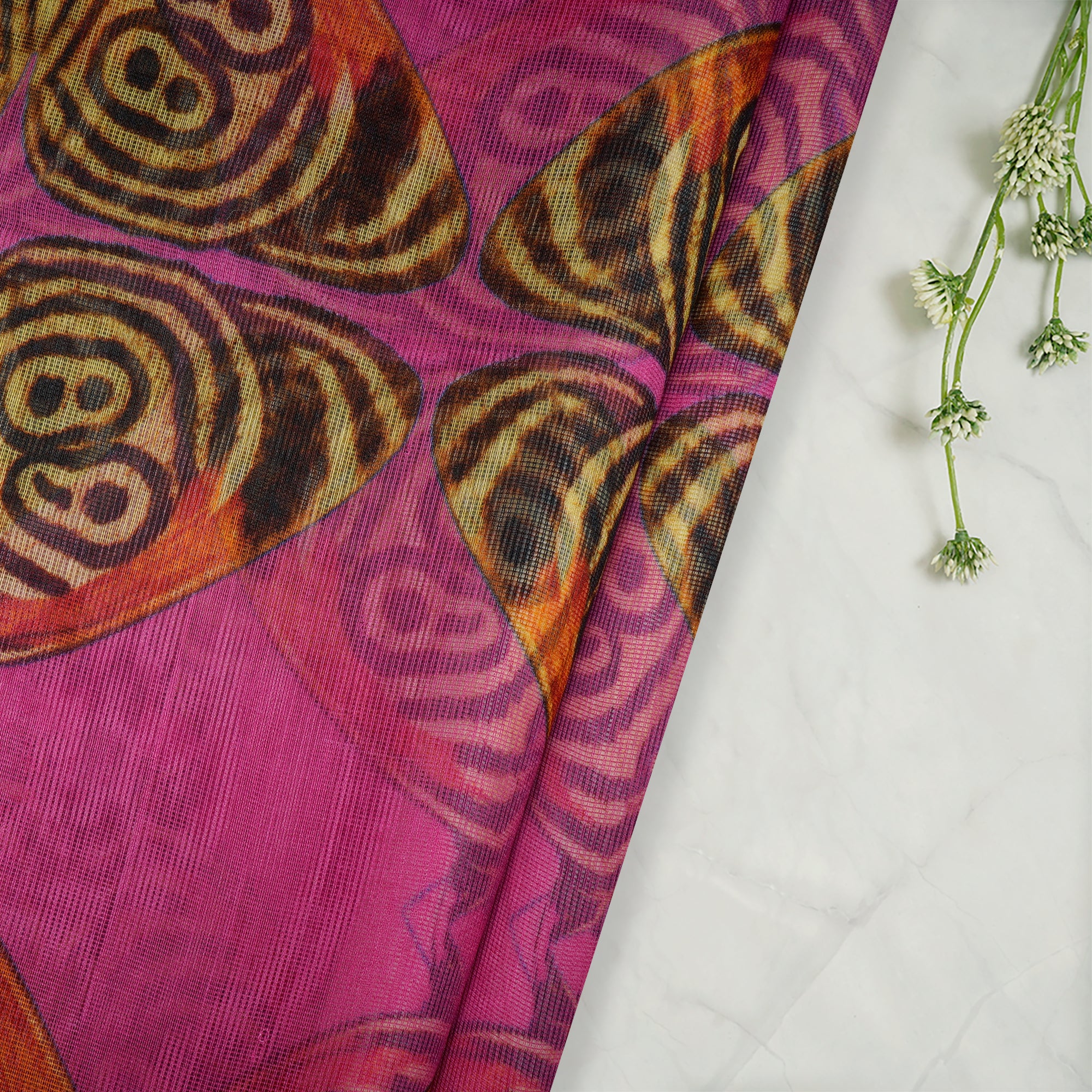 Pink-Yellow Color Digital Printed Cotton Net Fabric