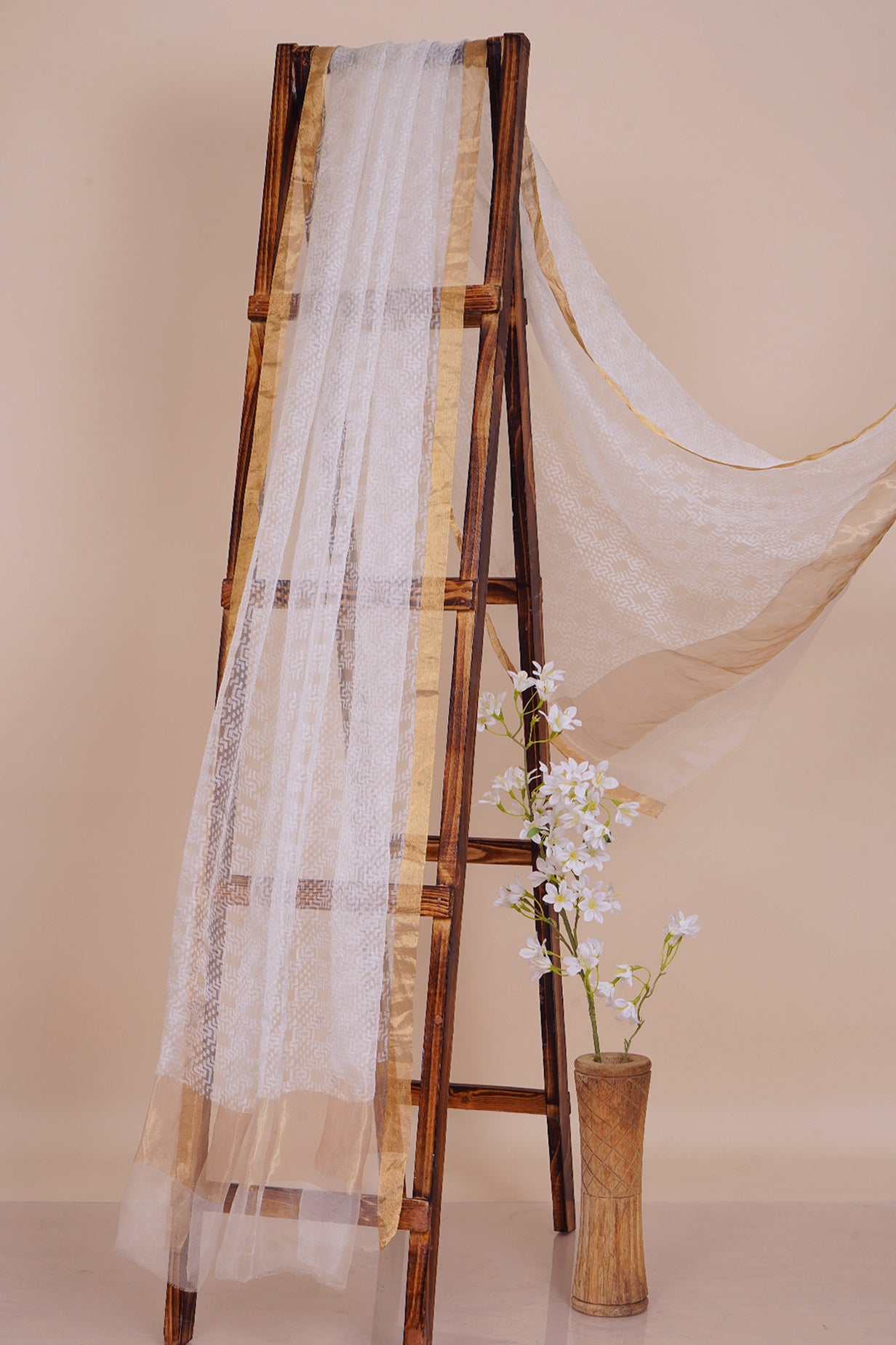 White Color Self Printed Organza Silk Dupatta
