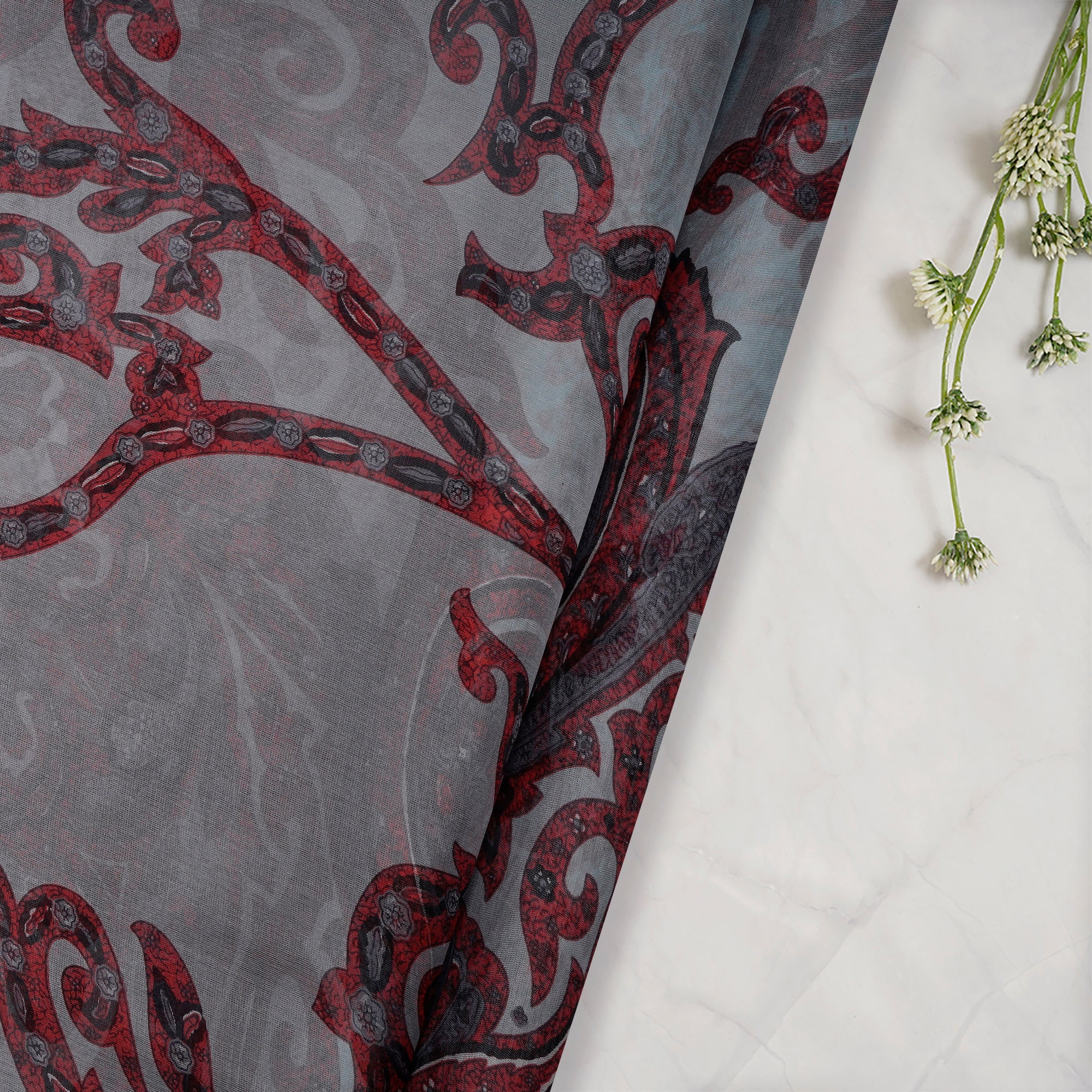 Grey Color Printed Flat Chiffon Silk Fabric