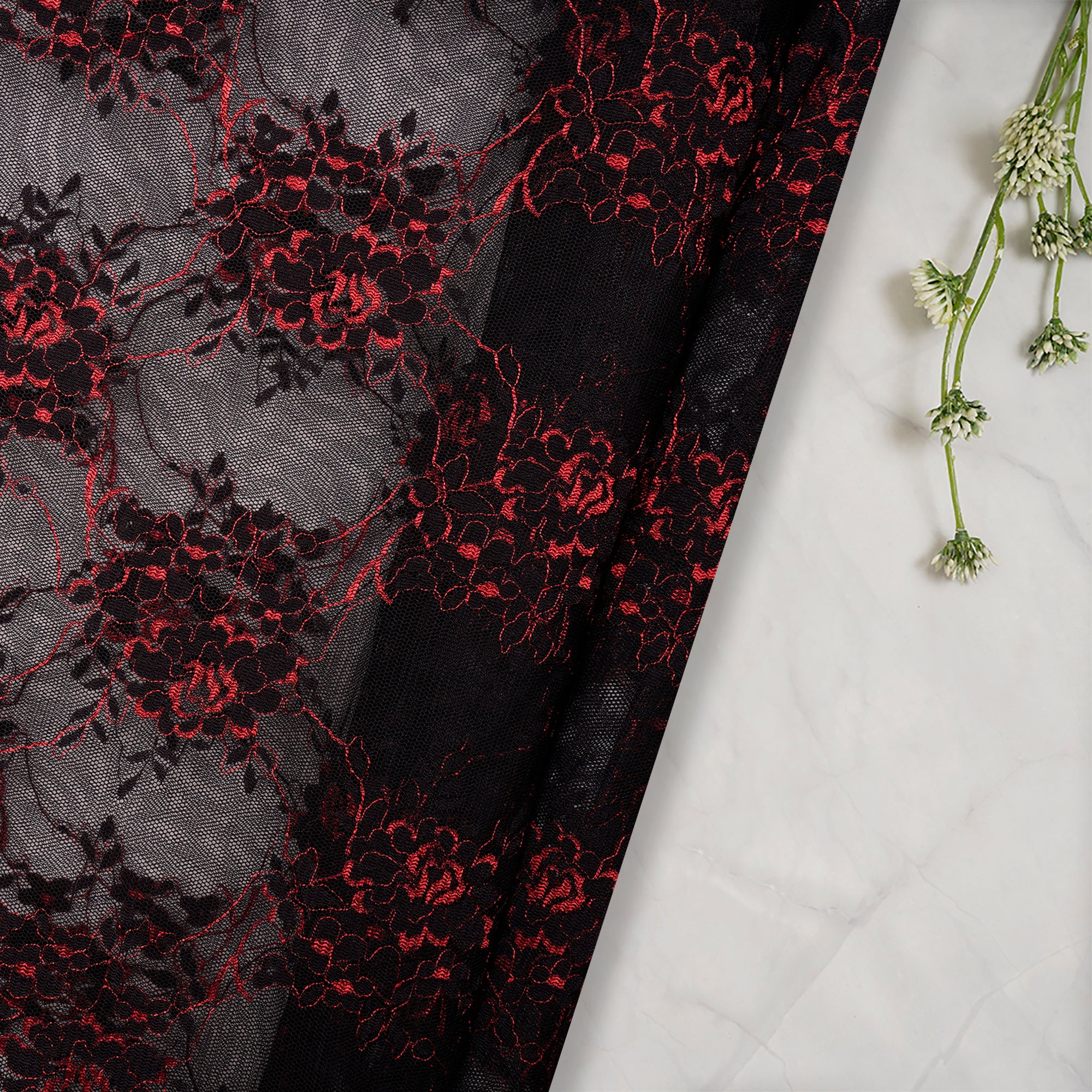 Black-Red Color Embroidered Nylon Net Fabric